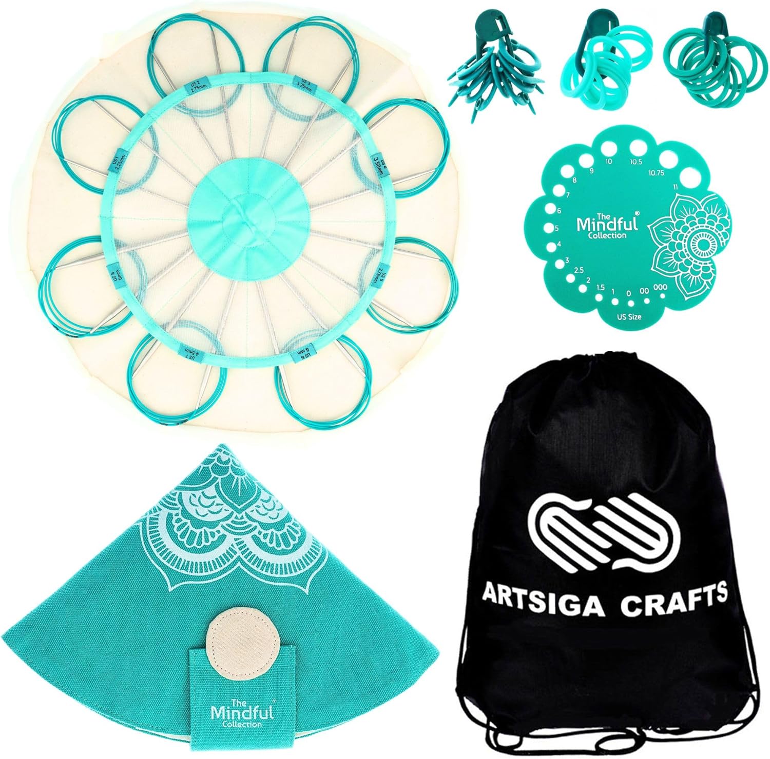 KnitPro Mindful Serenity Set 40 inch Circular Knitting Needles Size 1, 2, 3, 4, 5, 6, 7, 8 Magic Loop with Gauge, Stitch Markers & More, Fabric Case with Project Bag