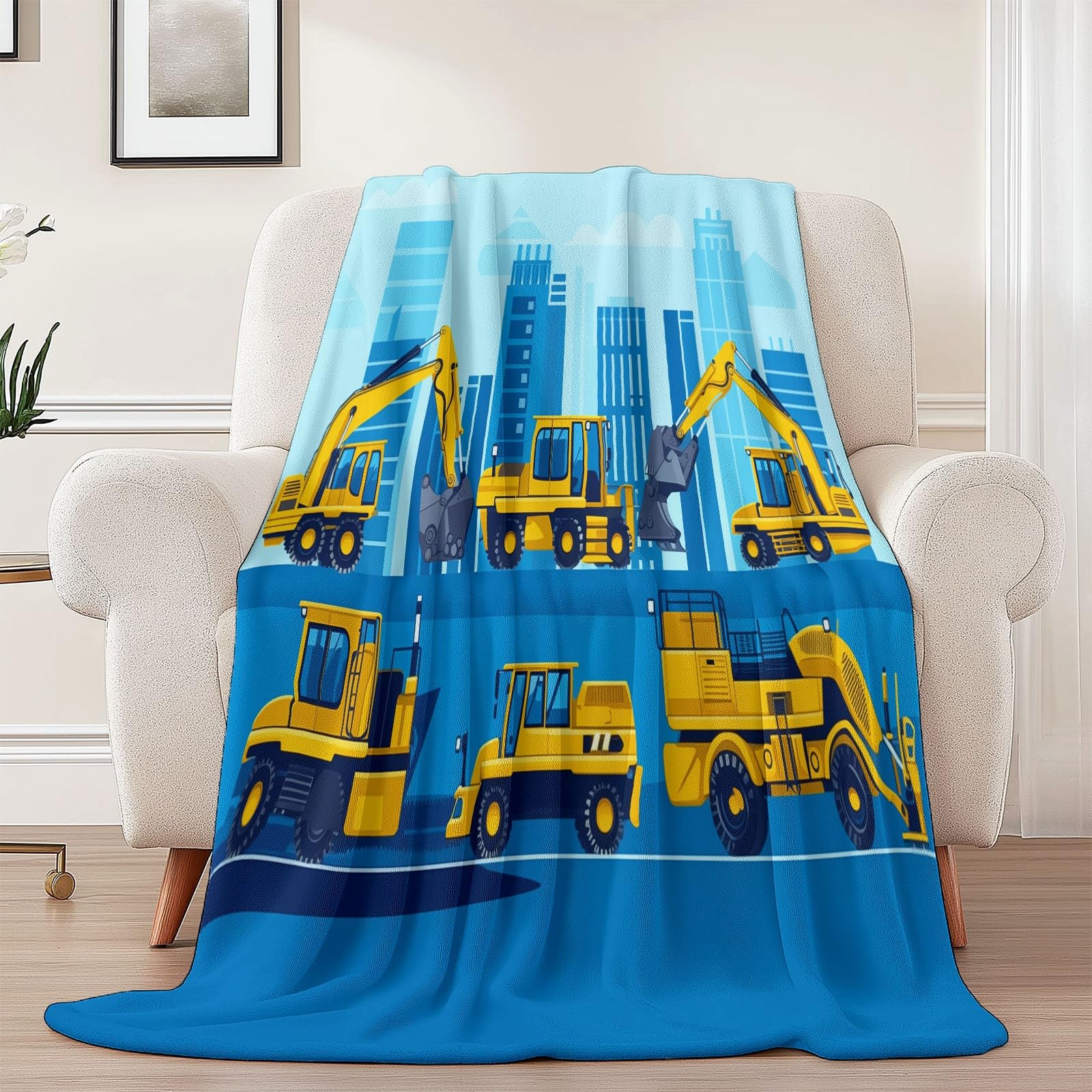 Koc polarowy 200 x 220 cm kreskówka pojazd budowlany koc polarowy jasnoniebieski flanelowy koc dla 2 osób, z nadrukiem, miękki i ciepły na sofę łóżko