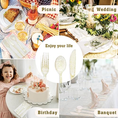 Miniatura 7 de Paquete de 150 cubiertos de plástico dorado con purpurina, cubiertos dorados resistentes, 50 tenedores con purpurina dorada, 50 cuchillos con