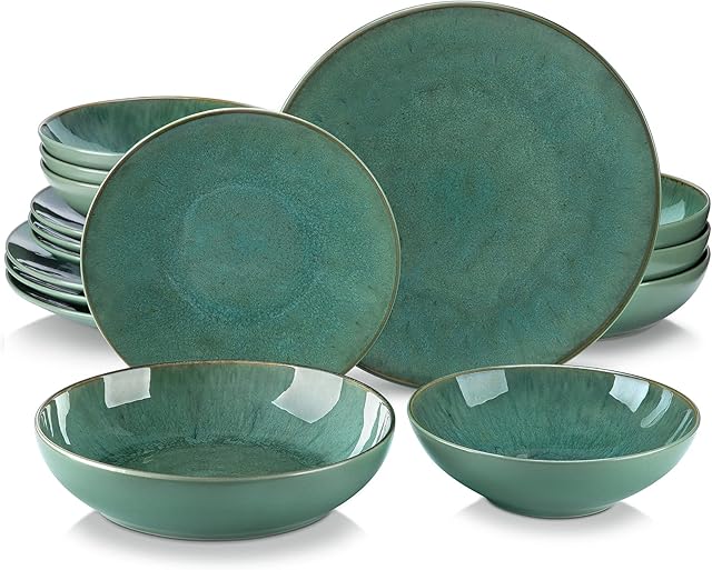 vancasso Karst Reactive Glaze Dinner Sets, Stoneware Vintage Look Green Dinnerware Tableware, 16 Pieces Dinner Service Set for 4, Include Dinner Plate, Dessert Plate, Pasta Bowl and Cereal Bowl