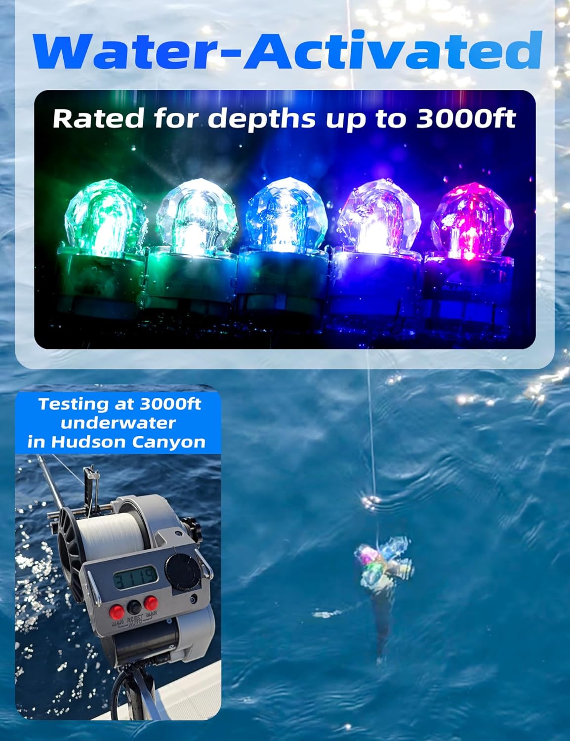 BLUEWING Diamond Fishing Lights 3X-5X Brighter LED Deep Drop Underwater Flashers Water-Activated Lighted Fish Lures for Swordfish, Tilefish, Halibut, Tuna, Grouper