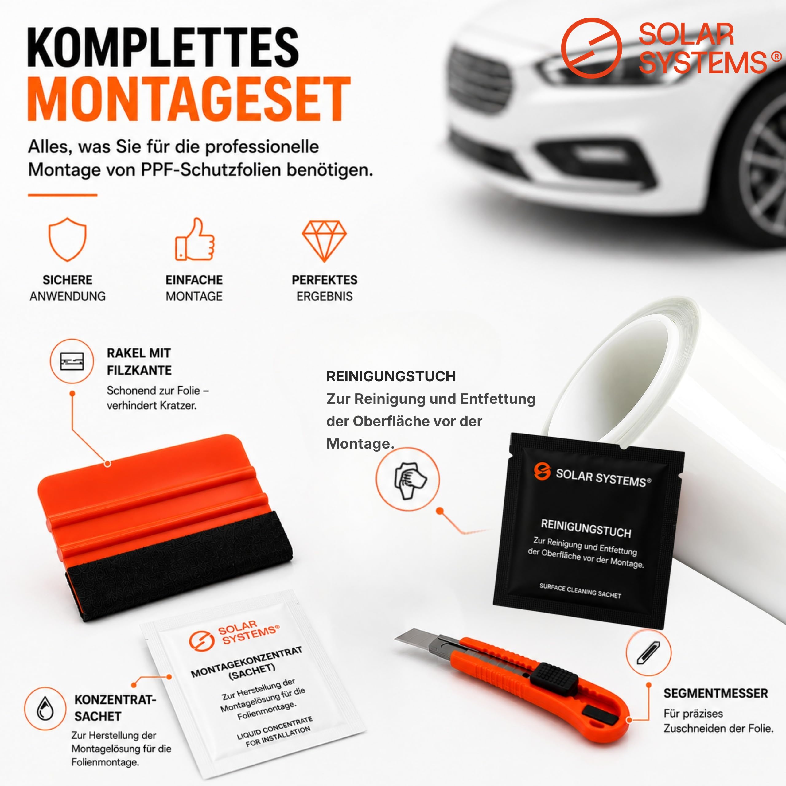 SOLAR SYSTEMS – Kit pellicola per carrozzeria – Pellicola PPF trasparente lucida 152x50 cm con strumenti per applicazione, spatola feltro, cutter, concentrato liquido 3ml, nastro da taglio e panno IPA