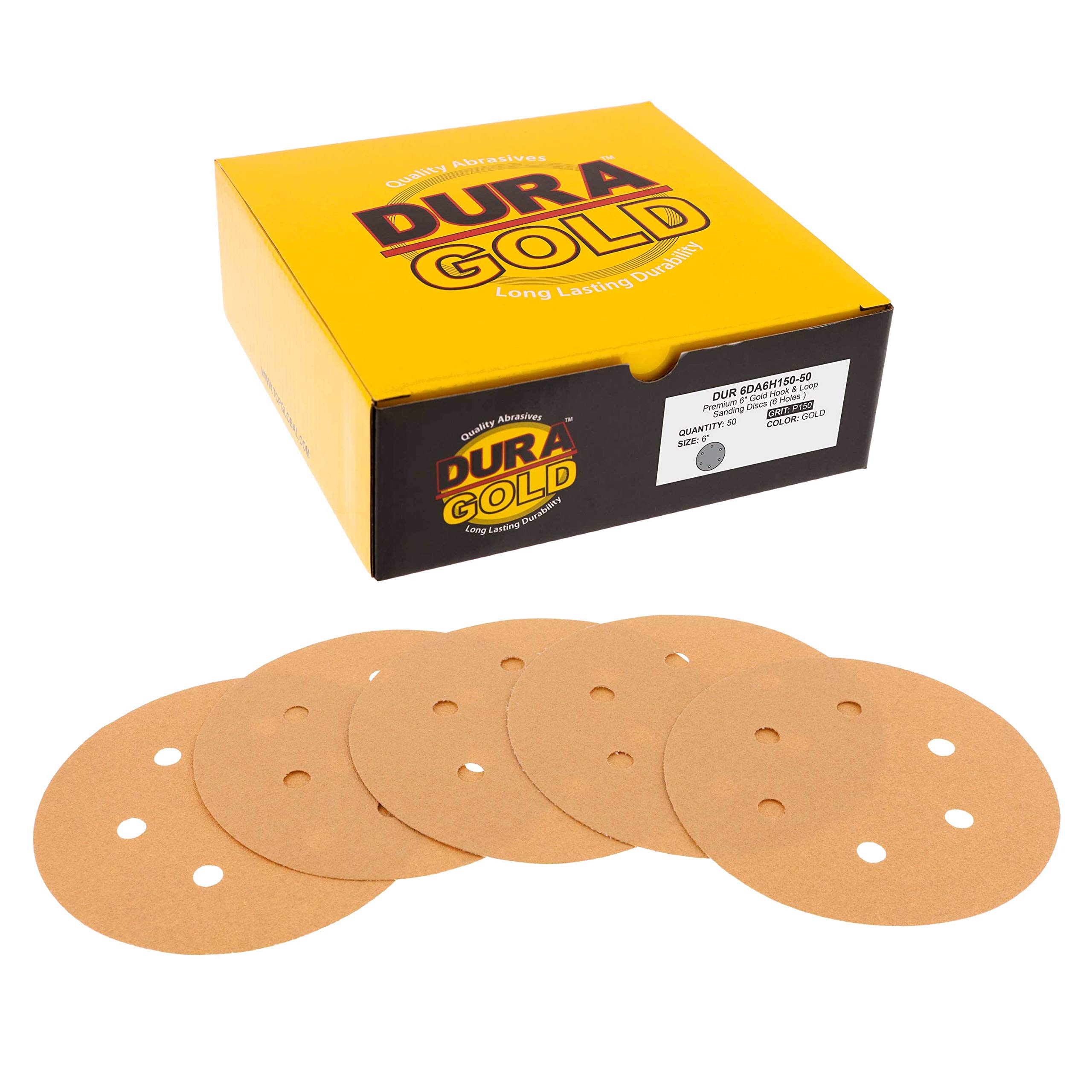 Dura-Gold Premium 150 Grit 6" Gold Sandpaper Discs, 6 Hole Pattern Dustless, Box of 50 - Hook & Loop Backing for DA Sander, Finishing Med-Cut Sanding