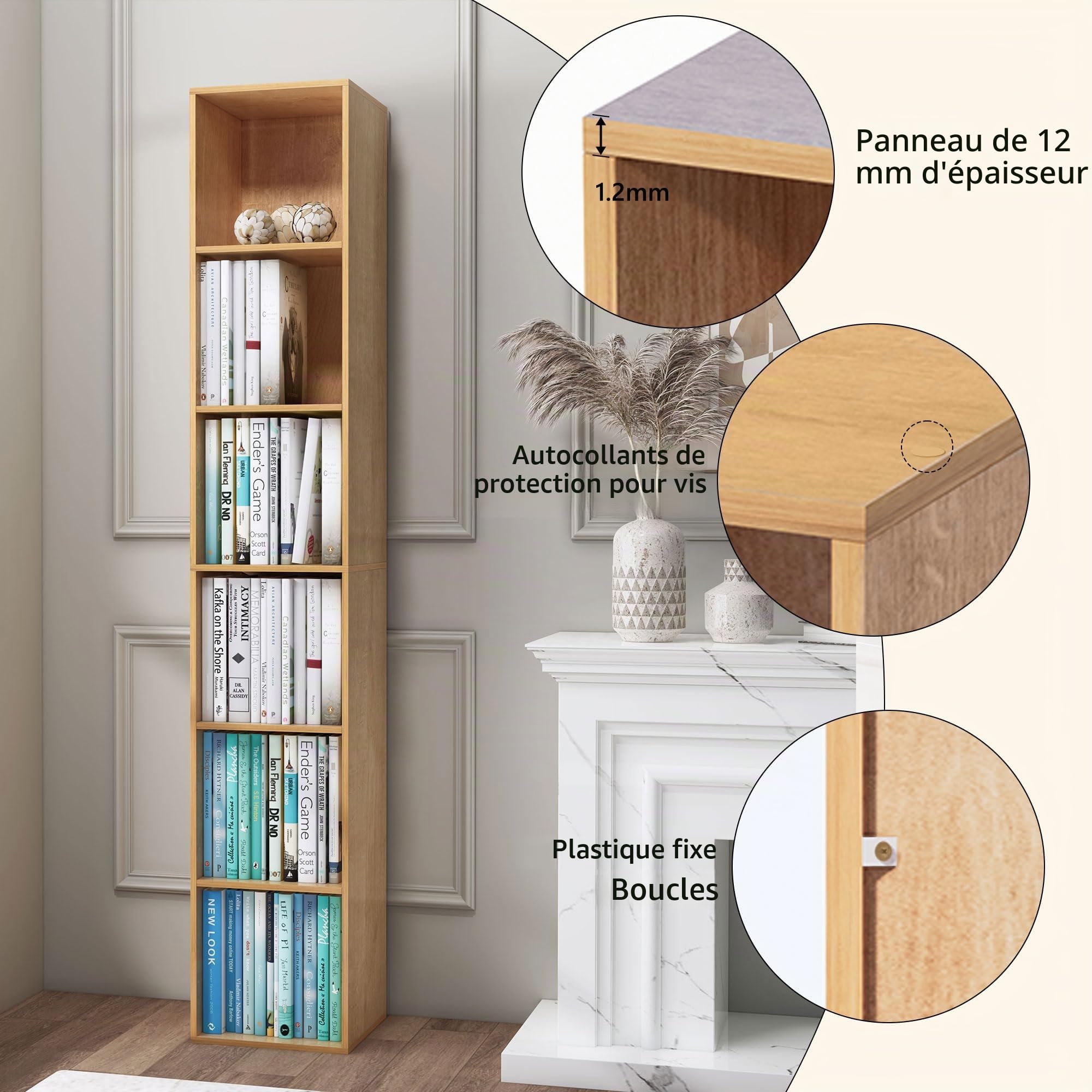Bibliothèque à 6 Étagère, Meuble de Rangement en Bois, 31x29.5x182.3cm