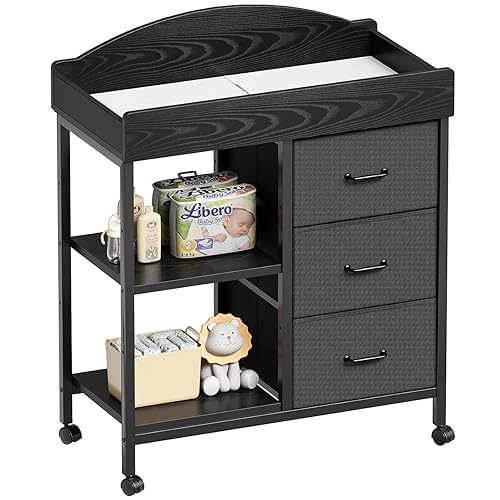 Miniatura 1 de Cambiador de ropa, cómoda para bebé con 3 cajones de tela y 2 estantes, cambiador multifuncional para bebé con almohadilla, cómoda clásica para