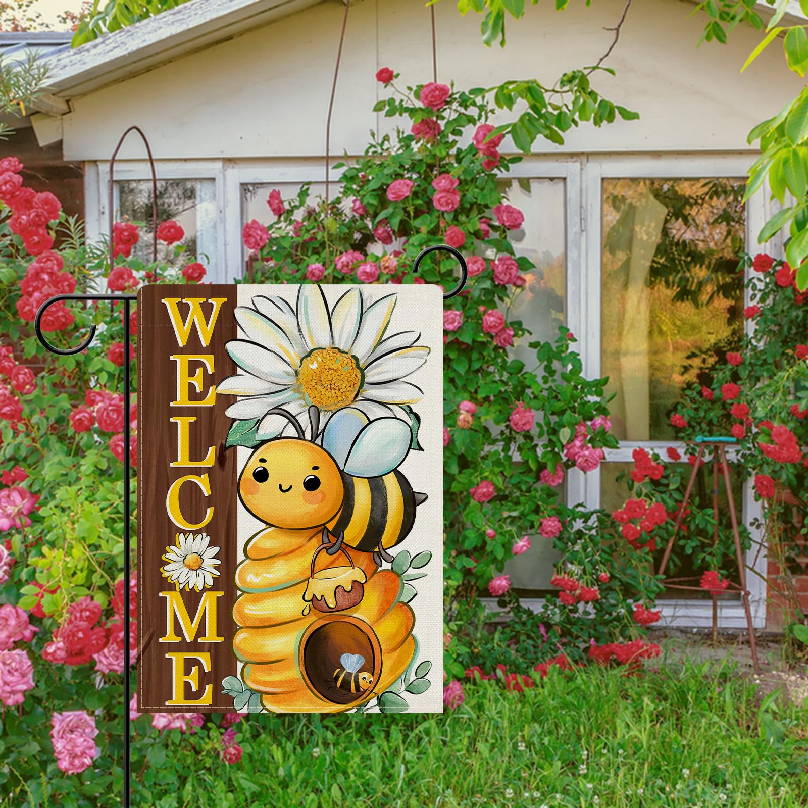Dyrenson Gartenflagge – Frühlingsmotiv Mit Hummel & Gänseblümchen, Doppelseitig, Wetterfest