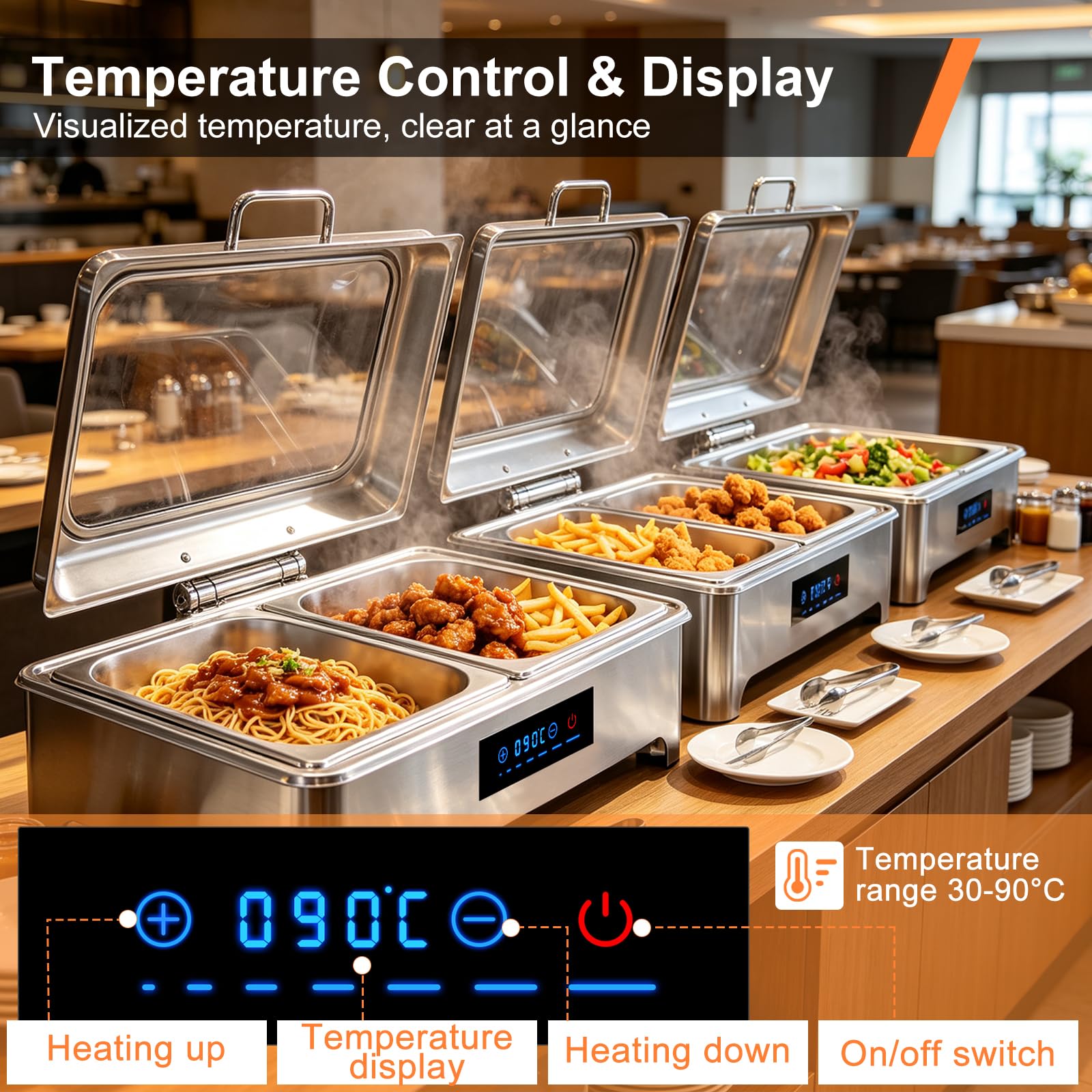9L Calentador Buffet Electrico, Temperatura Ajustable 30-90℃, 1/1 | Chafing Dish Buffet Electrico, Calentador de Comida Buffet Electrico para Buffet, Catering y Fiestas, Acero Inoxidable