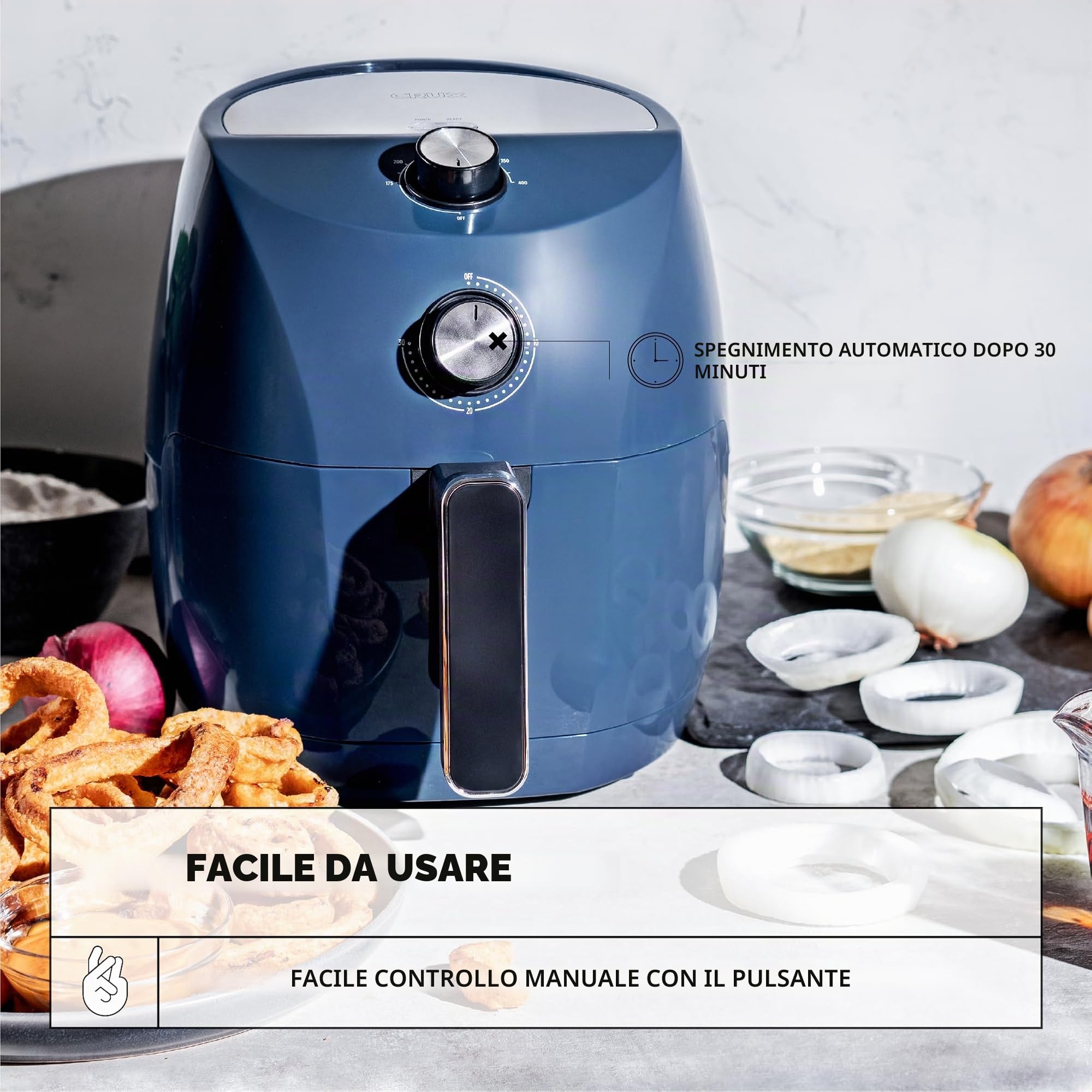 Crux Friggitrice ad Aria Manuale da 3.5 L, Preriscaldamento Più Veloce, Frittura Senza Olio, Cestello Antiaderente e Griglia di Cottura Lavabili in Lavastoviglie, Acciaio Inossidabile, Blu