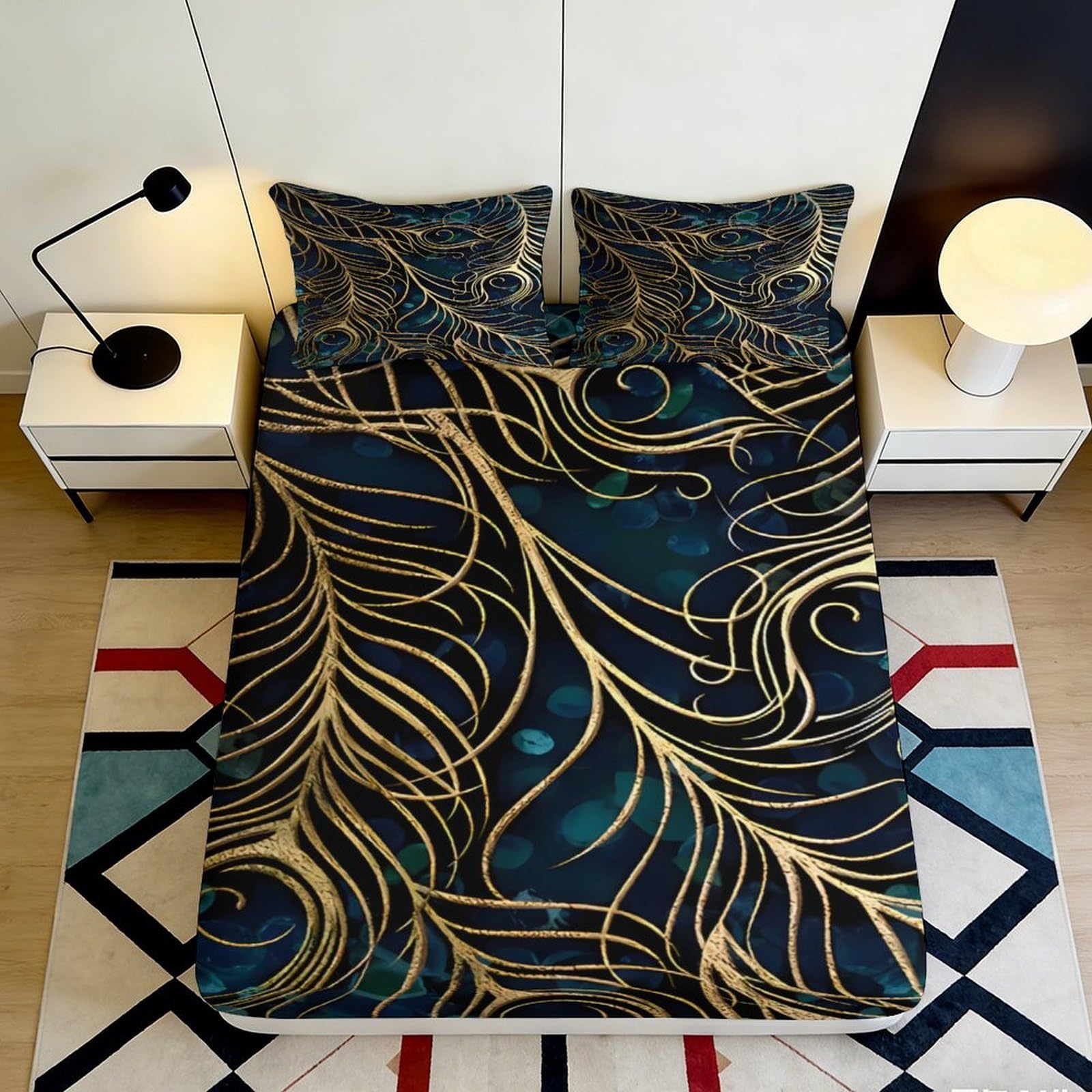 3D Printed Peacock Feather Fitted Sheet Microfiber Soft Gold Art Mattress Cover for Bedroom Guest Room Decor 90x200x25cm