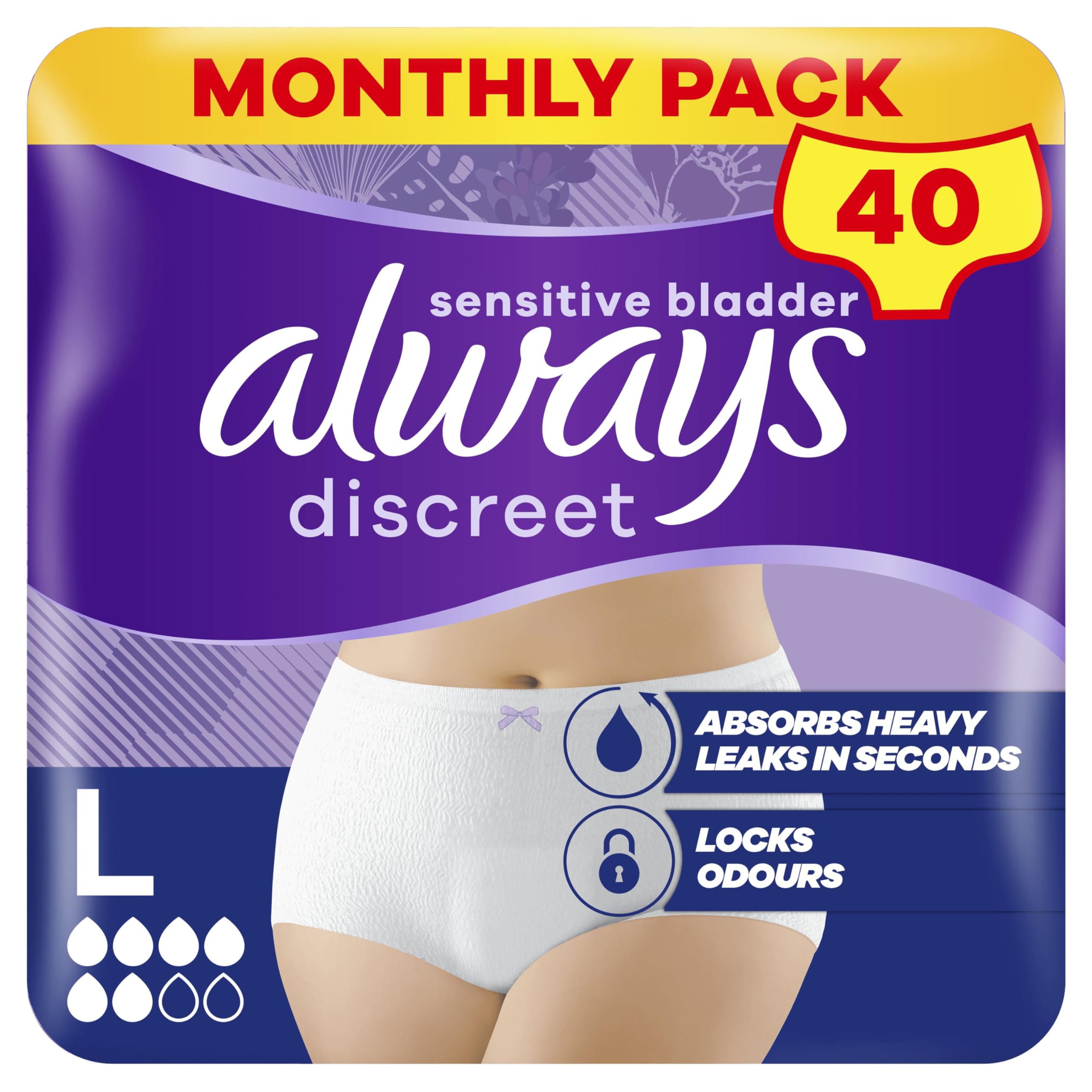 Always DiscreetIncontinence Pants Women Large, UK Size 16-22, White, Absorbency 5, 40 Disposable Underwear , Knickers (10 x 4 Packs), Heavy Bladder Leak Protection , Maternity Postpartum Pants