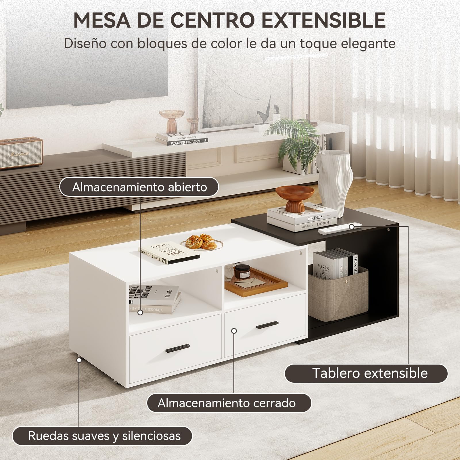 YU YUSING Mesa de Centro Elevable de 91 a 145 cm con 2 Cajones Grandes y 2 Estantes, Madera MDF para Espacios Pequeños, Blanco y Negro