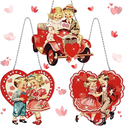 Menkxi 3 piezas vintage de San Valentín, kits de pintura colgante para parejas, kits de arte de diamantes redondos, adornos en forma de corazón,