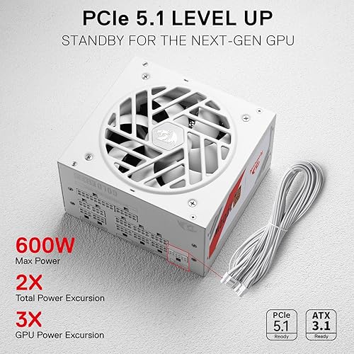 Miniatura 38 de Redragon Fuente de alimentación RGPS-850W 80+ Gold de 850 vatios con ATX 3.1 y PCIe 5.1 totalmente modular, cable de 12VHPWR incluido, condensadores