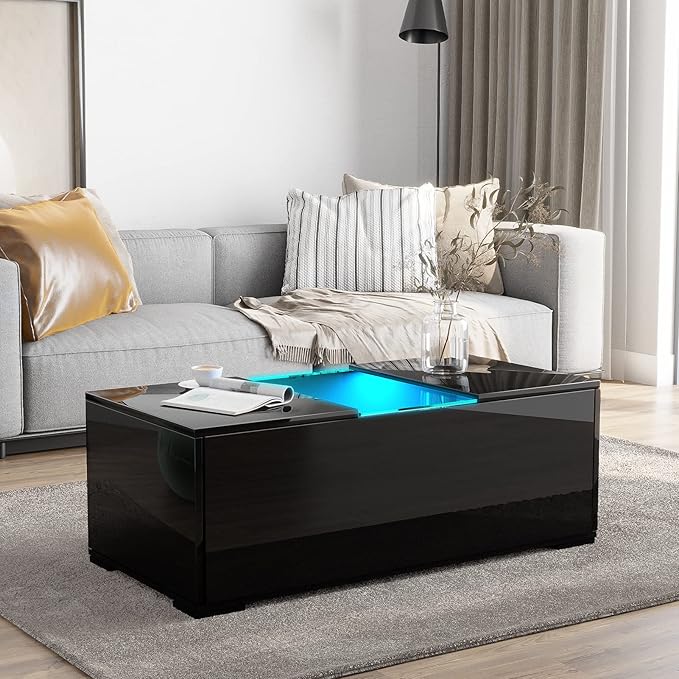 HOMFAMILIA Modern Black LED Coffee Table with 2 Storage