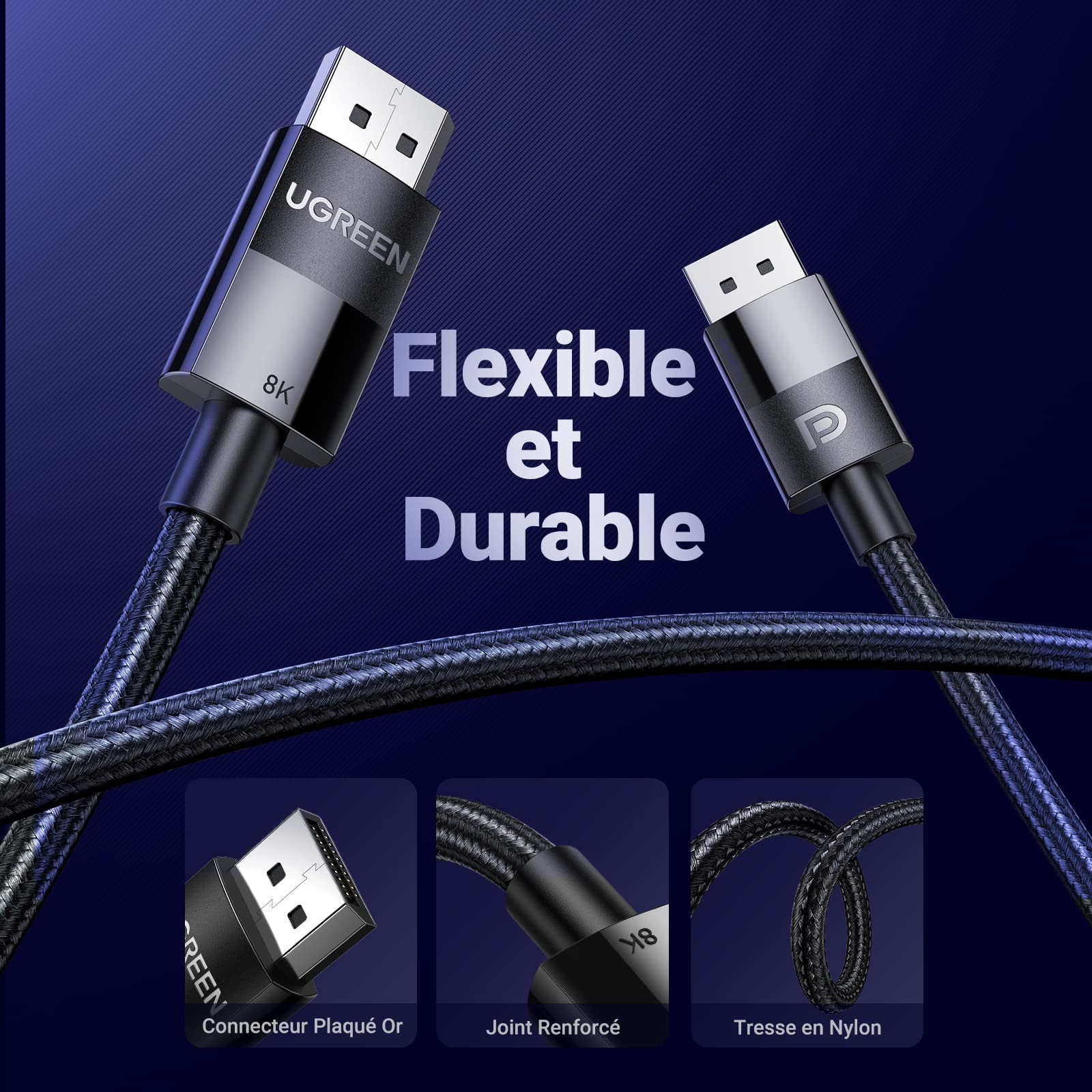UGREEN 8K Câble DisplayPort 1.4 Certifié VESA Câble DP Mâle vers Mâle 8K 60Hz 4K 240Hz 165Hz 144Hz HDR GSync Tressé Compatible avec PC Écran HDTV Carte Graphique RTX 3080 2060 GTX 1660 Projecteur (2M)