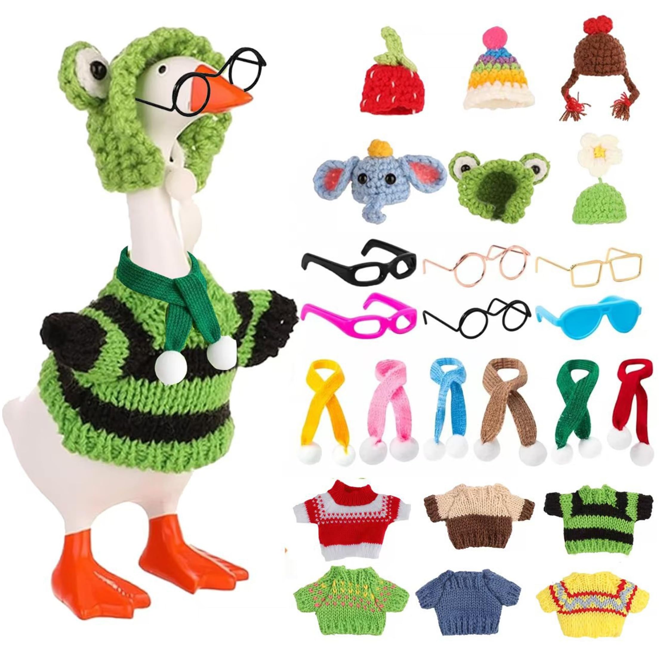 AwnsIMfreien Desk Gooses Outfits, 24 PCS Desk Gooses Outfits 7 Inches - Knitted Sweaters, Hats, Scarves & Glasses Accessories for Home, Office, Dorm, 7 Inches