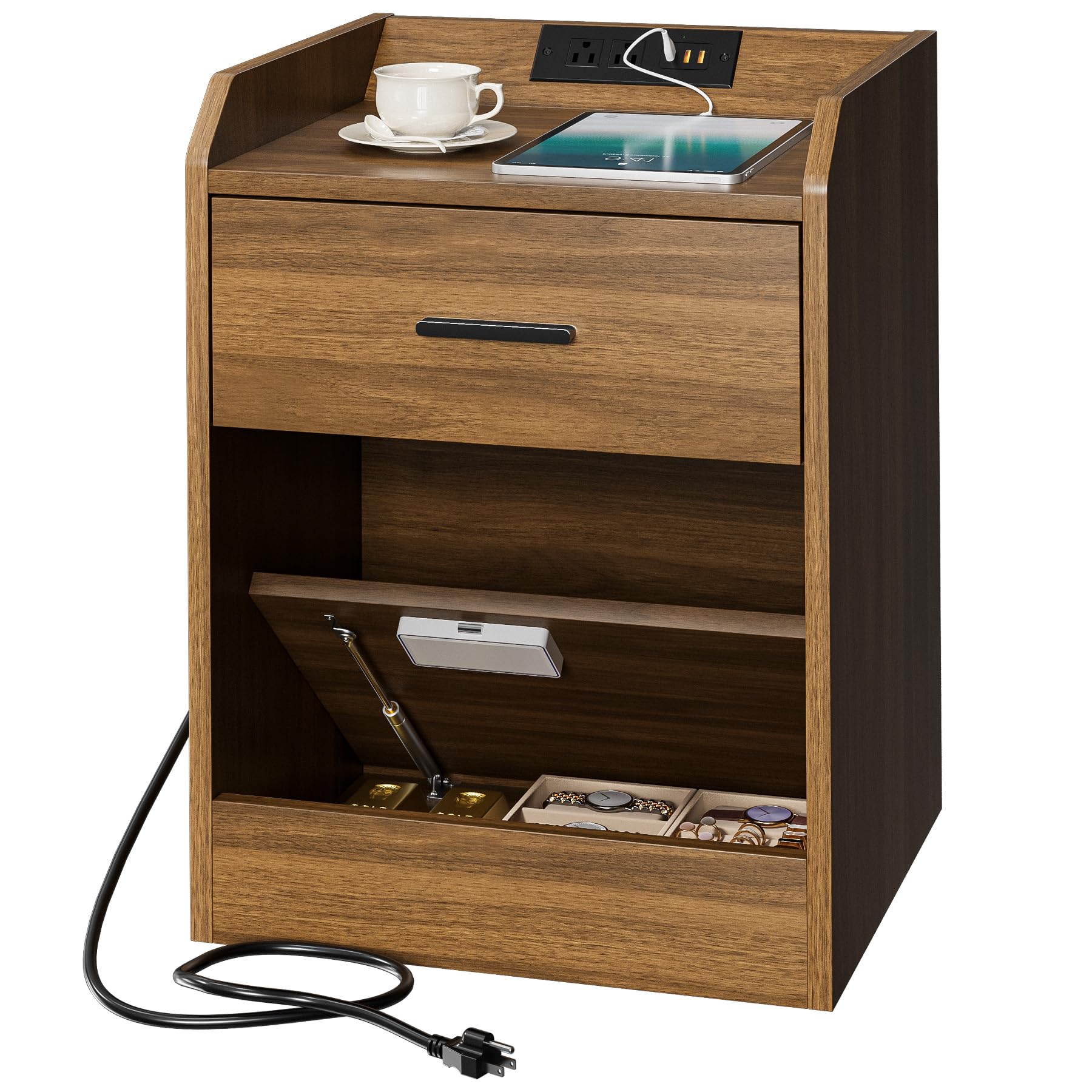 Lazzanto Nightstand with Hidden Drawer & Charging Station, Modern