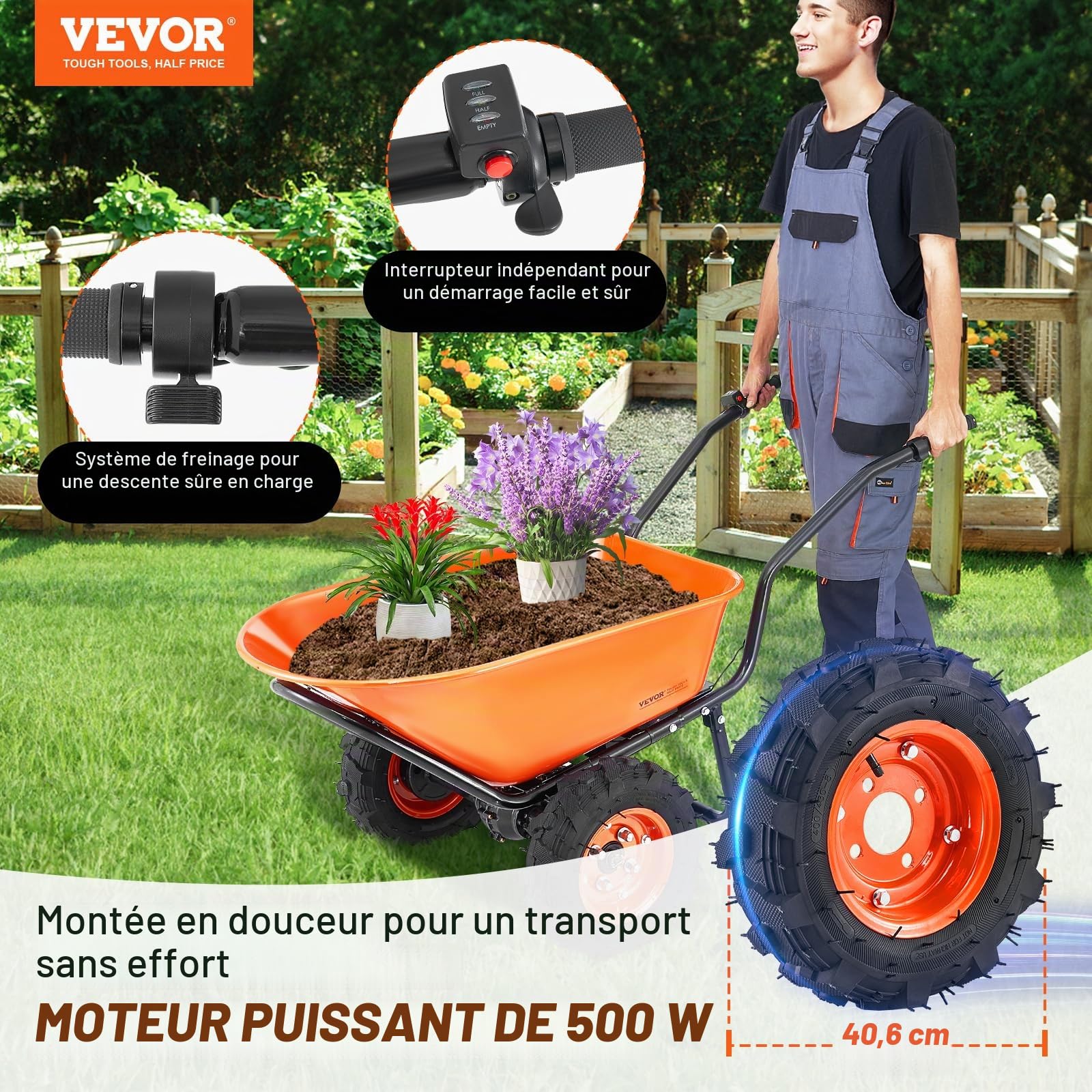 VEVOR Brouette Électrique 2 Roues Chariot de Jardin Motorisé 500 W, Poignée Métal, Roue Large 40 cm, 260 kg, Chariot Utilitaire Chargement Facile pour Ferme, Pelouse, Extérieur, Jardinage, Entrepôt
