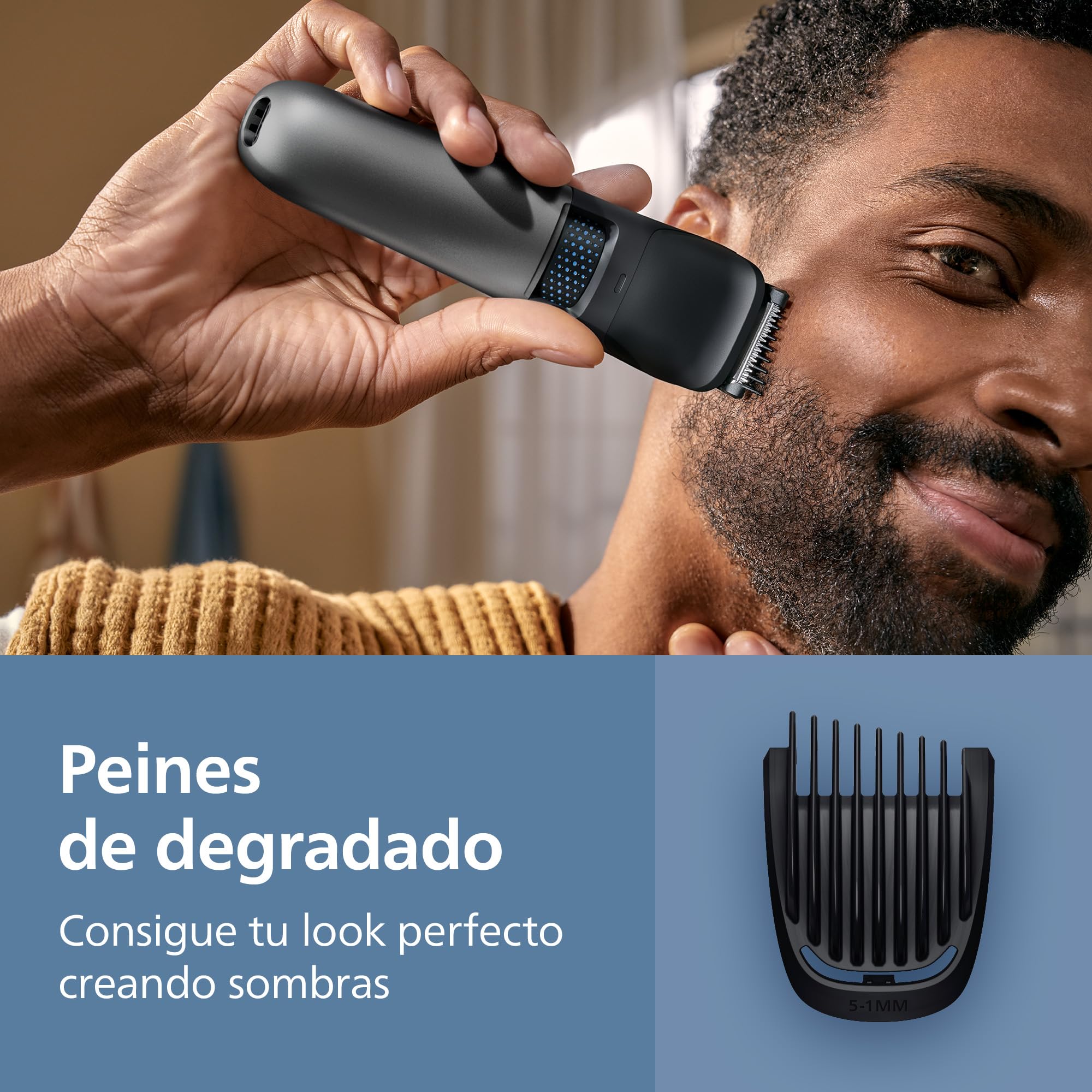 Recortadora de barba Philips Serie 7000 - Cuchillas autoafilables, 40 posiciones ajustables, sensor, sistema recogedor de vello, base de carga, 100% resistente al agua, funda blanda, BT7660/15