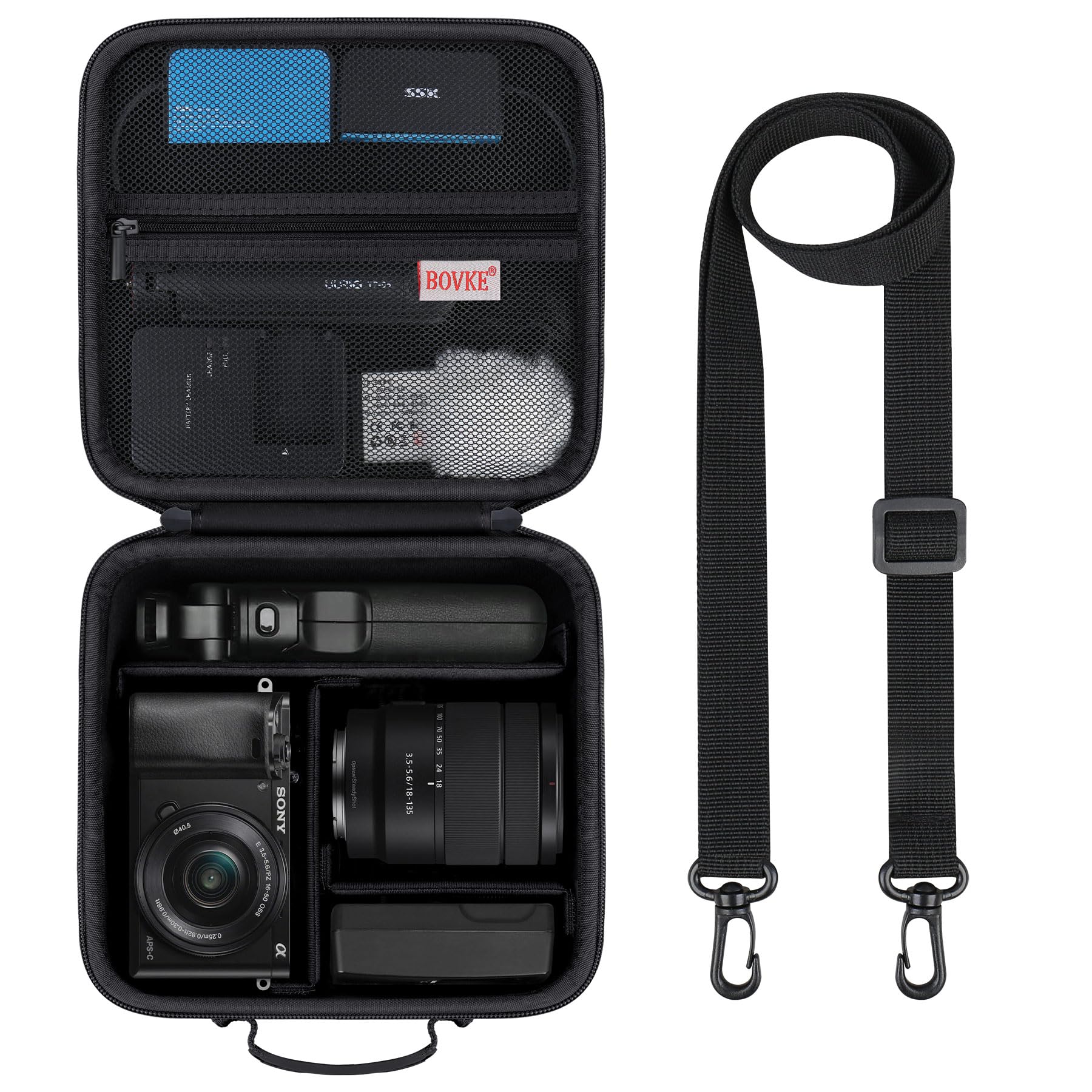 BOVKE Custodia rigida per fotocamera digitale mirrorless Sony Alpha a6400/a6100/a6000/a6600/a6700/Alpha 7 II III IV/7R V/ZV-E10, borsa portaoggetti portatile con tracolla per obiettivi e accessori