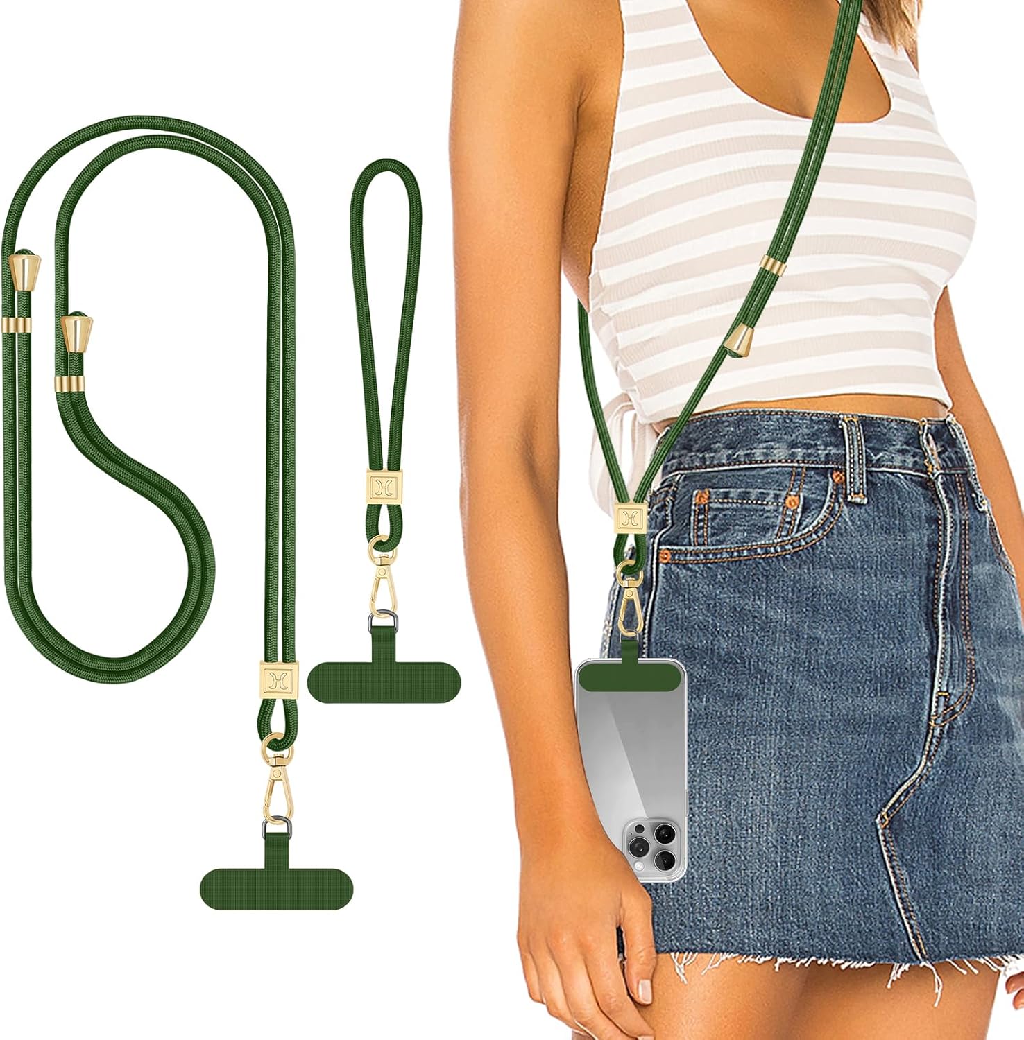 Phone Lanyard Crossbody, Hand Wrist Strap Lanyard with 2 Phone Tethers, Adjustable Anti Theft Phone Strap Neck Lanyard for Keys ID Badges Phones Wallet, Dark Green