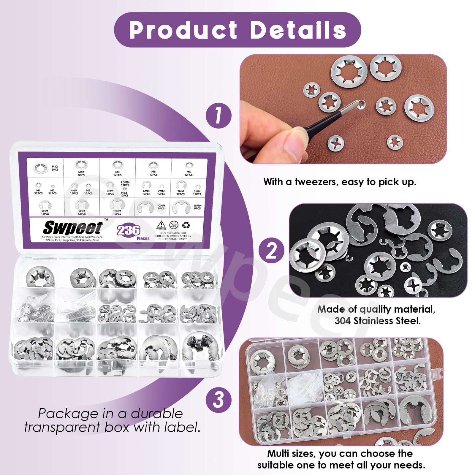Swpeet 236Pcs 304 Stainless Steel E-Clip and Internal Tooth Lock Washers with Tweezers Assortment Kit - Image 4