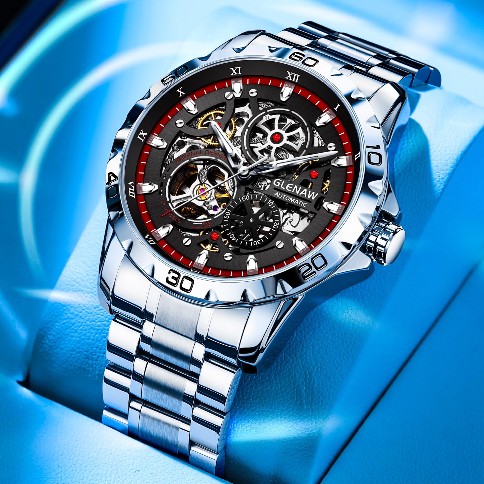 GLENAW Automatikuhren für Herren, mechanisch, selbstaufziehend, Skelett-Zifferblatt, 30 ATM wasserdicht, mit Edelstahlband, Armbanduhr – stilvolles Geschenk für Herren