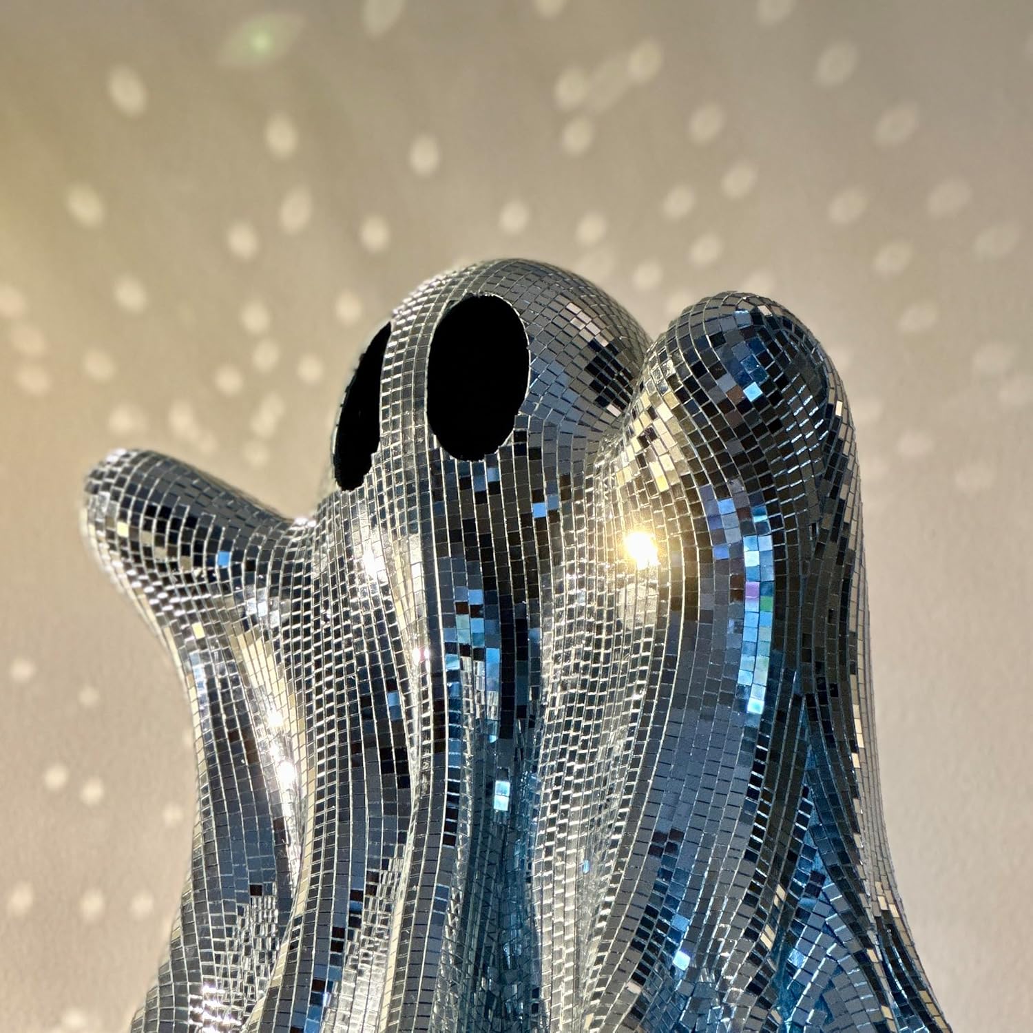 Handmade Disco Ball Mirror Ghost Sculpture, 13.7 Inch Halloween Decoration, Glass Mosaic Reflective Centerpiece, Spooky Party Decor