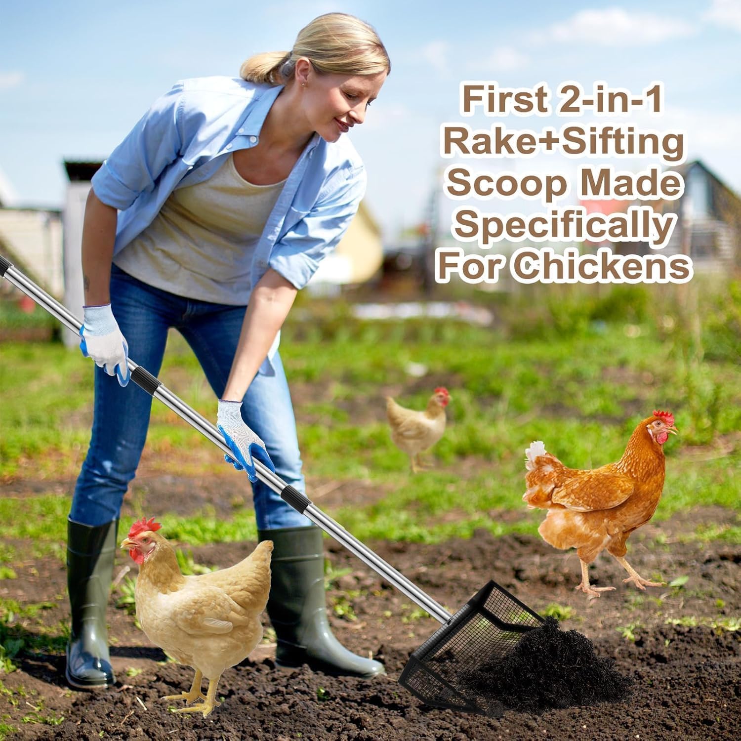 Pala de Metal para Gallinero Ajustable 4 in1 91-157cm Pala para Gallinas para la Limpieza, Herramientas de Limpieza para Gallineros