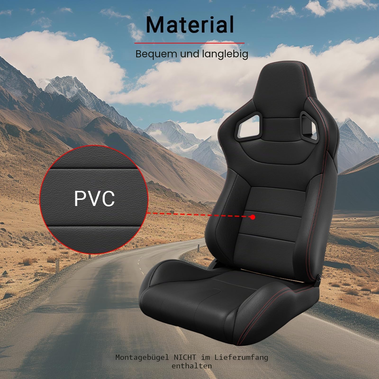 2 x Universal-Schalensitze, PVC-Leder, verstellbare Autositze mit Doppelschiebern (schwarze Sitze mit roter Naht) (schwarz (black))