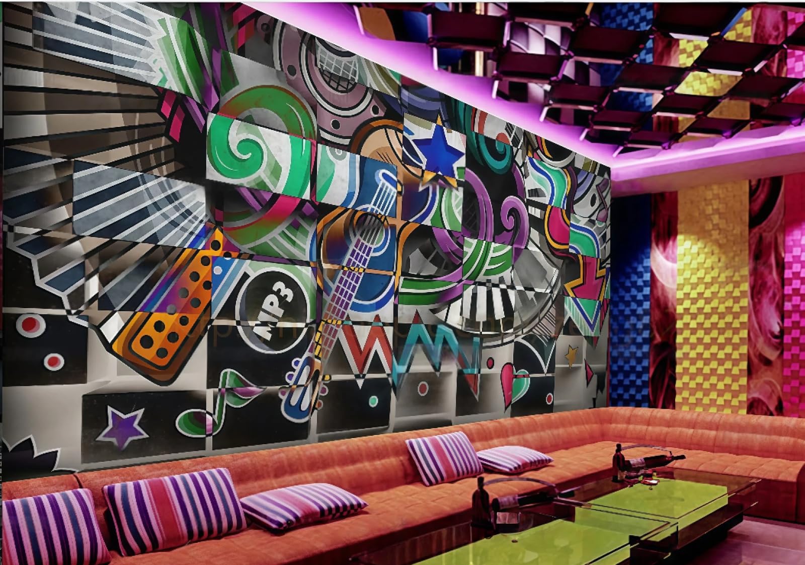 rskjdghshd Wallpaper Three-Dimensional Graffiti Music Colorful Rock Nightclub Theme Bar Western Restaurant Background Wall Mural Afternoon Tea Coffee Shop Wallpaper,3D,350x245cm