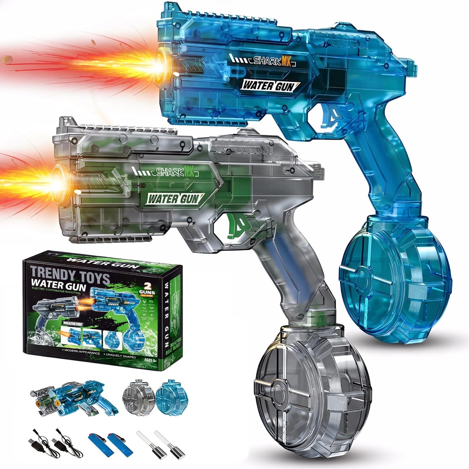 Whaikin 2PCS Electric Water Gun with LED Lights,2026 New Automatic Water Gun for Kids Adults,Long Range Rechargeable Water Pistols for Beach Pool Summer Outdoor Fun