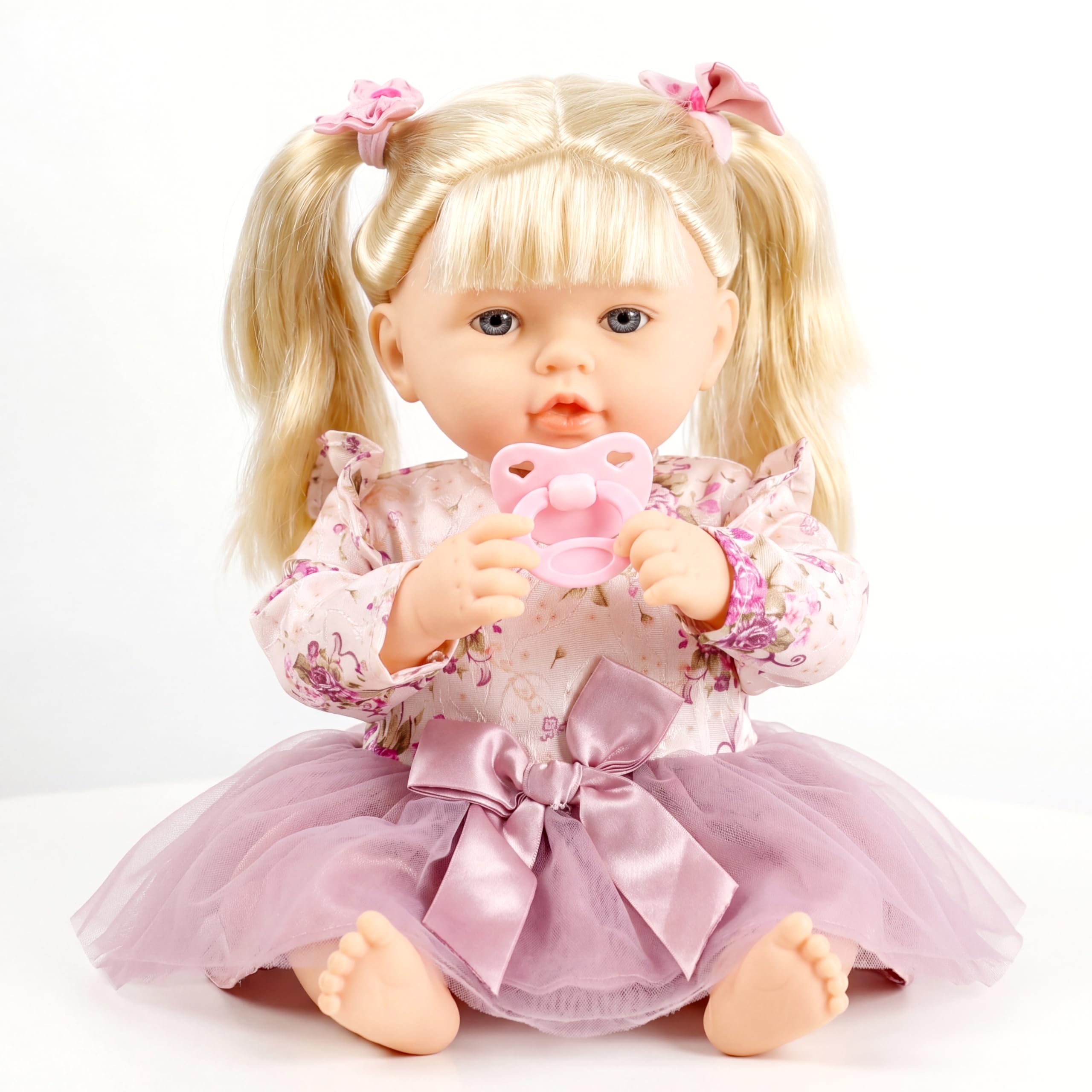 Bibi Doll 18" Realistic Baby Doll Girl Rosie in Pink Floral Outfit with Hair, Sounds & Dummy - Cuddly Soft Body with Vinyl Limbs, Talking Feature - Great for Girls & Boys Aged 18 Months+
