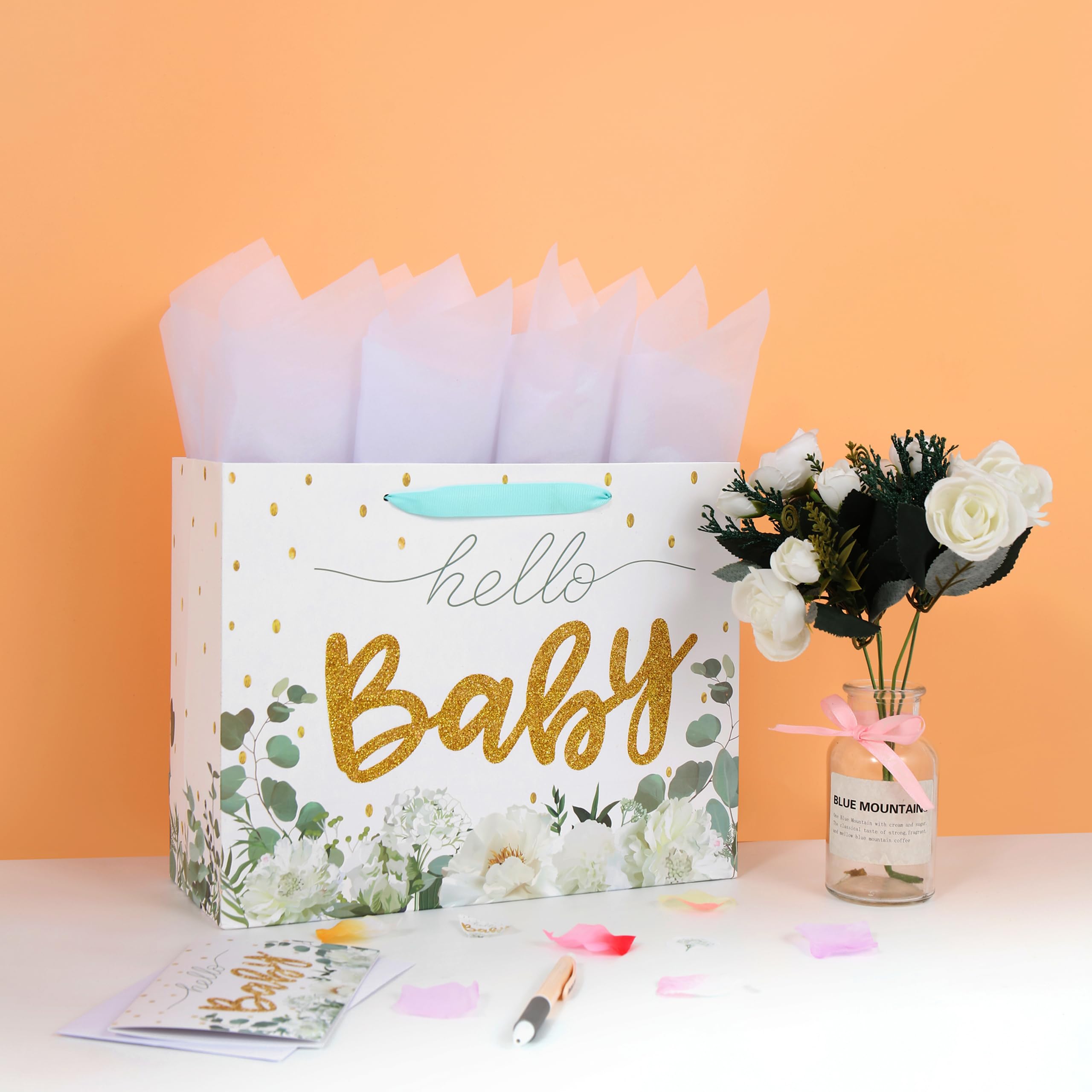 13" Large White Gift Bag Set with Greeting Card and Tissue Papers (Gold Glitter ‘Baby’) for Girls' Birthday Party, Women's Birthday Parties, Baby Shower, Baby Girl or Boy - 13”x5.2”x10.2”, 1 Pcs.