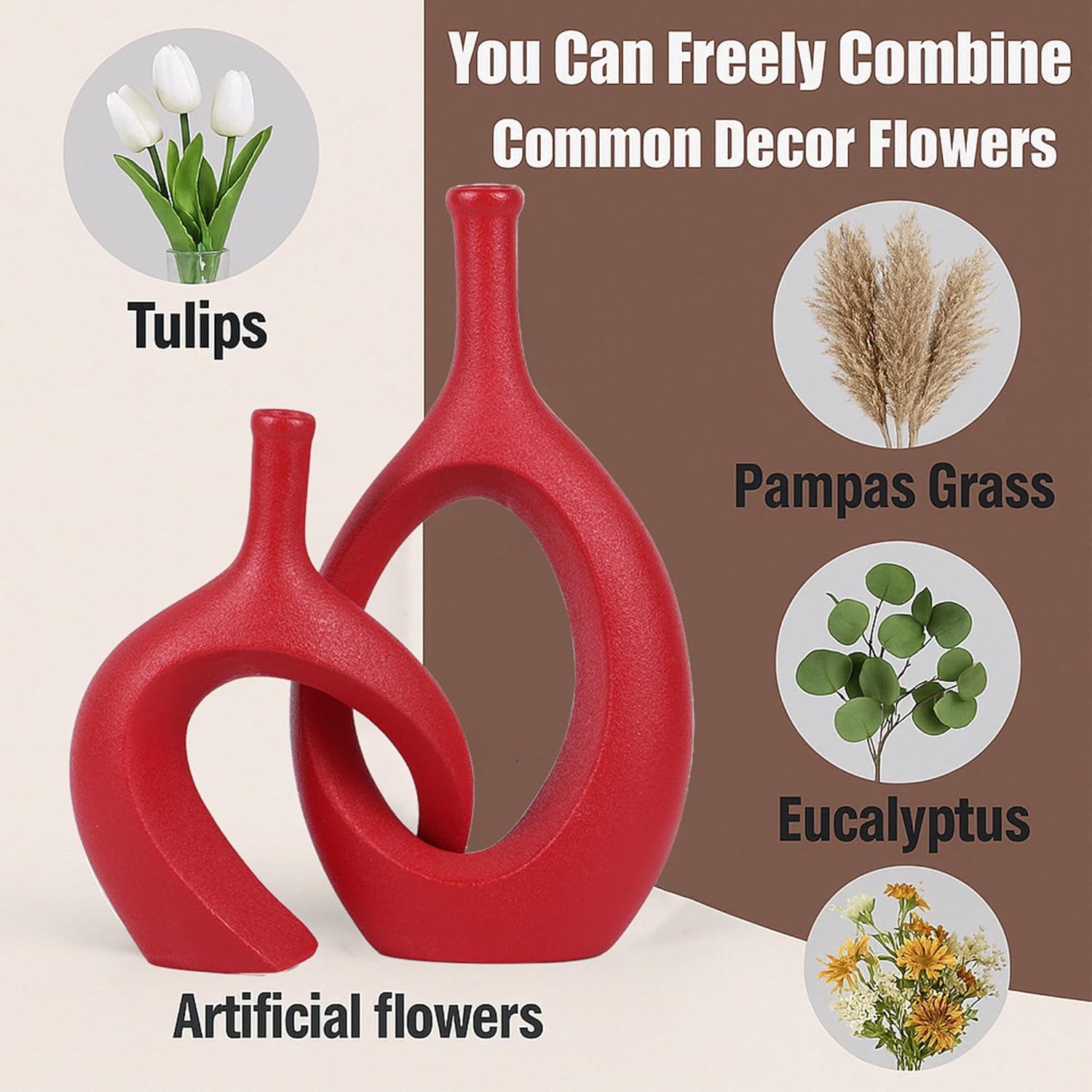 WUBIANJIE Red Ceramic Vase Set - Modern Boho Decor, Snuggle Design, Vases for Living Room, Bedroom, Coffee Table, Fireplace - Image 3