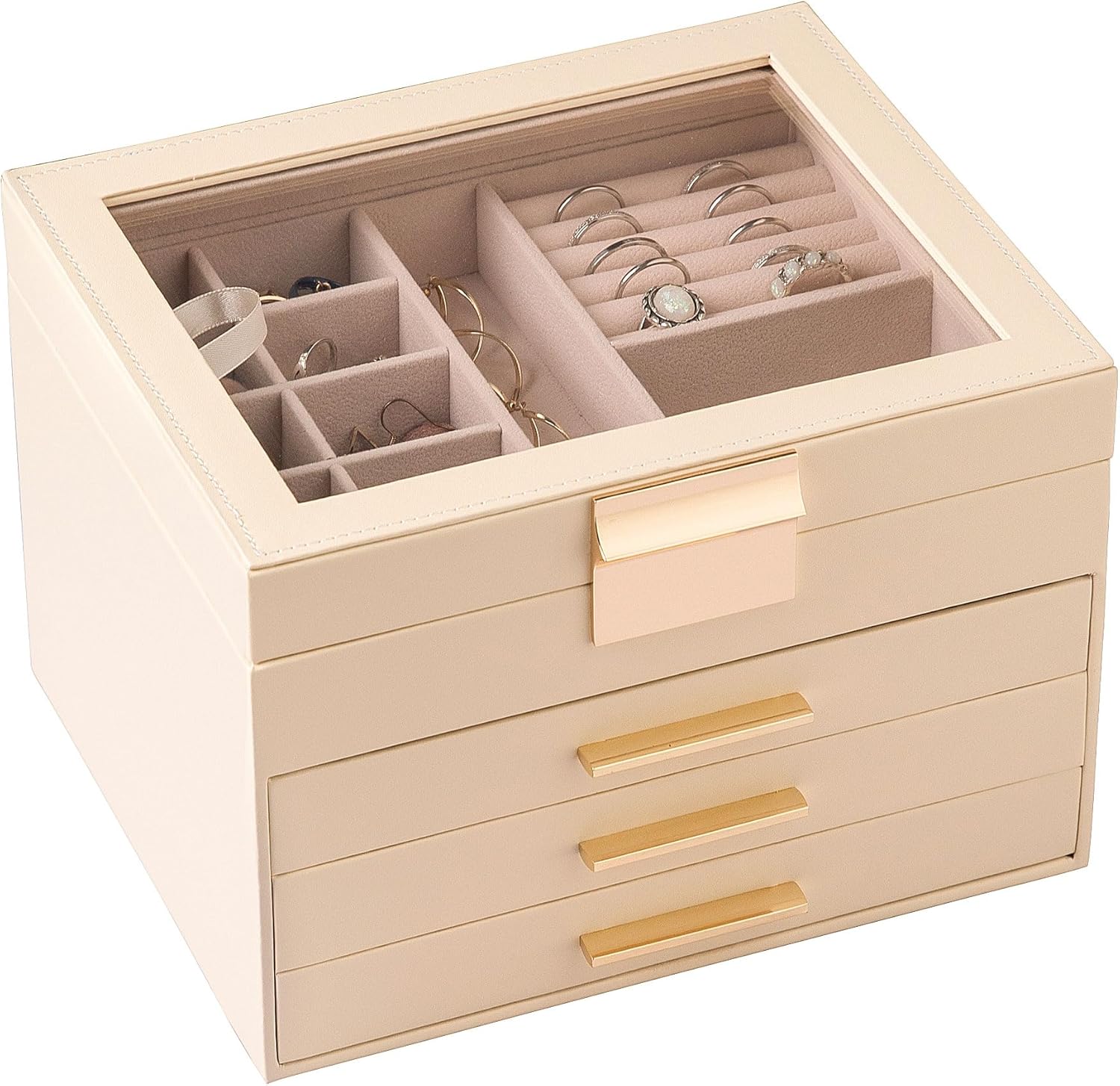 Frebeauty 透明蓋ジュエリーボックス、4層ジュエリーオーガナイザー大型多機能ジュエリー収納ボックス 引き出し3つ付き ジュエ