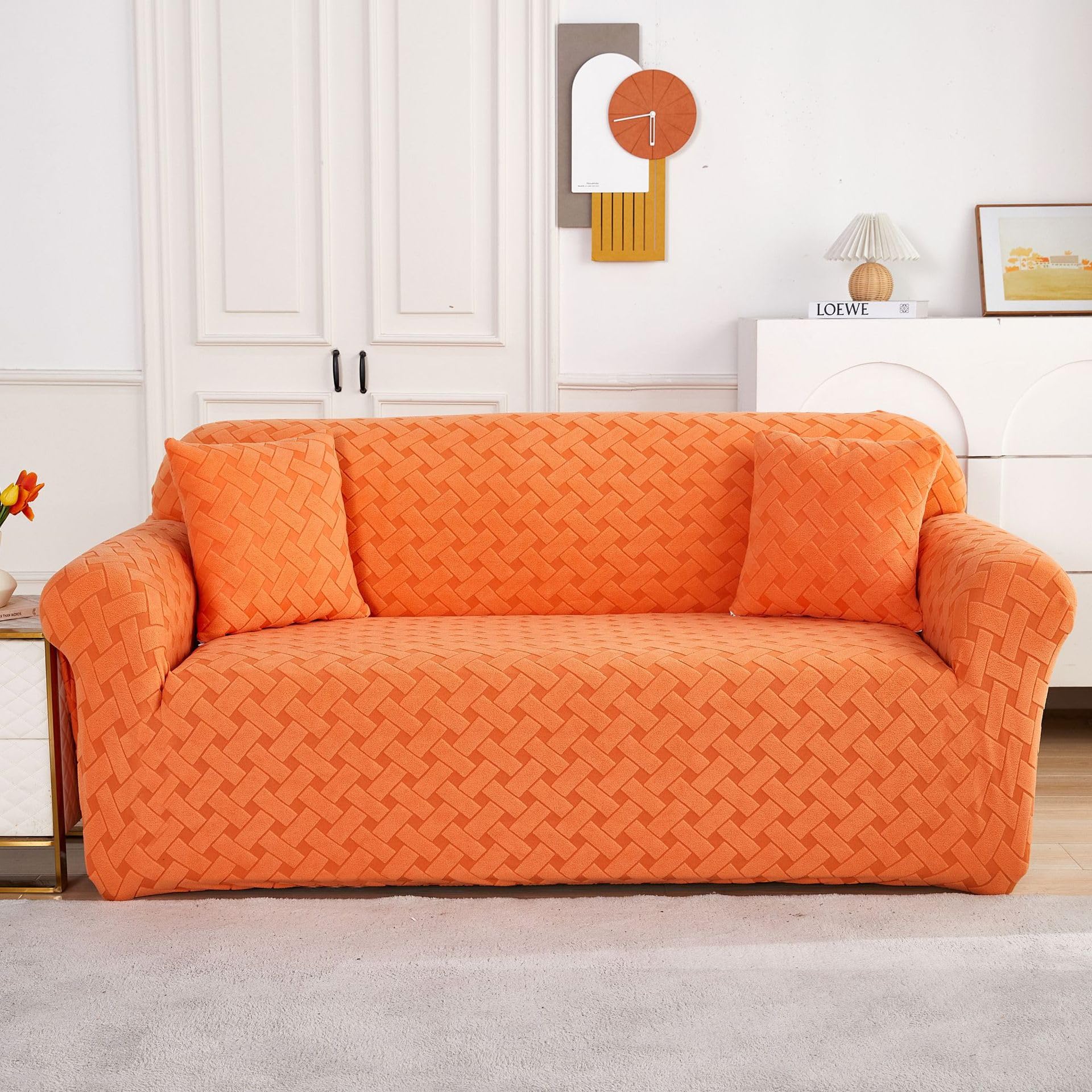 Housse de canapé jacquard extensible 4 places avec accoudoirs