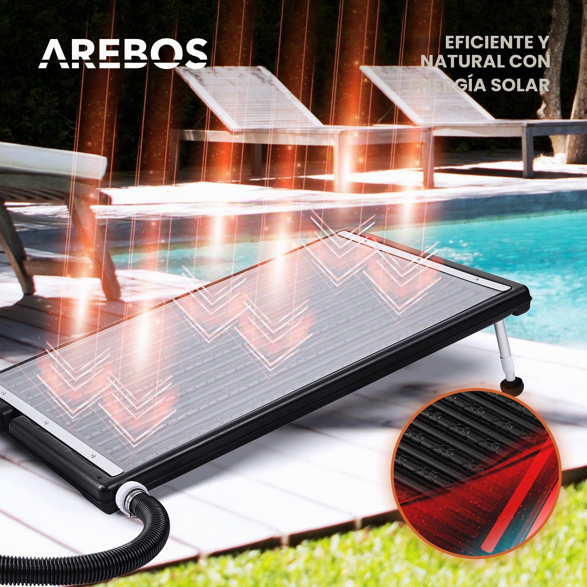 Arebos Calentador solar para piscina, 110 x 65 x 7,5 cm Calentador solar para piscina, capacidad de hasta 15 litros, caudal de hasta 10.000 L/h, conexión de manguera Ø 32/38 mm, incluye material de
