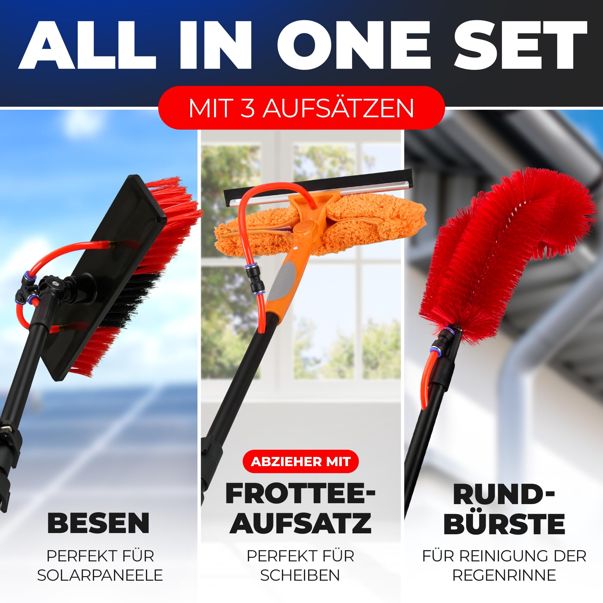 Teleskop Waschbürste mit Wasseranschluss [4,4m Teleskopstiel] – Teleskopstange für Fensterreinigung | Teleskopbesen-Fensterwischer, Dachrinnenreiniger Reinigungsset (Schwarz Rot, 4,4 Meter)