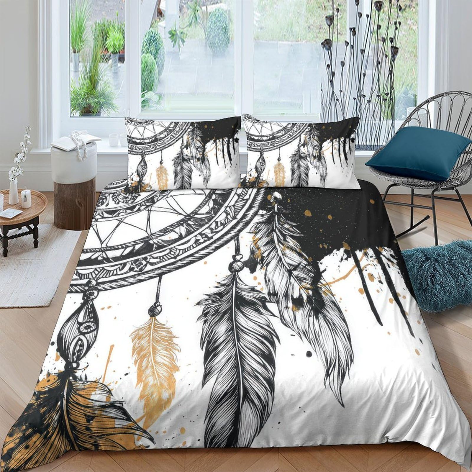 Ctjqhvkz Style-7 3D Printed Dreamcatcher Feather Fitted Sheet Microfiber Soft Washable Boho Black Gold Bed Cover For Bedroom Guest Room Decor Single（135X200cm）