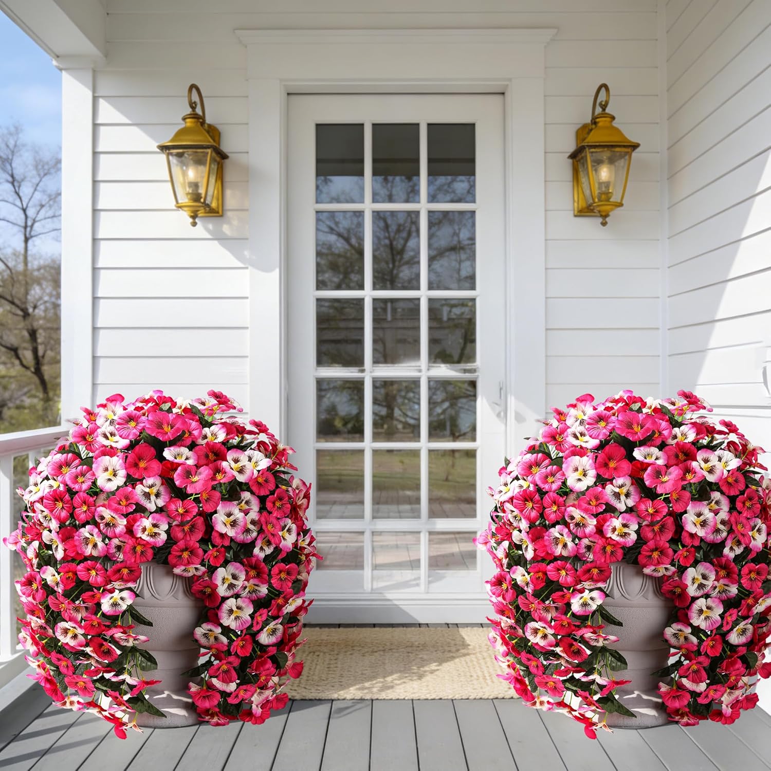 HyeFlora Artificial Flowers for Outdoors, 2pcs Faux Silk Pansies Flowers UV Resistant Fake Hanging Flower Plants for Outside Planters Porch Yard Patio Window Box (Mix Rose)