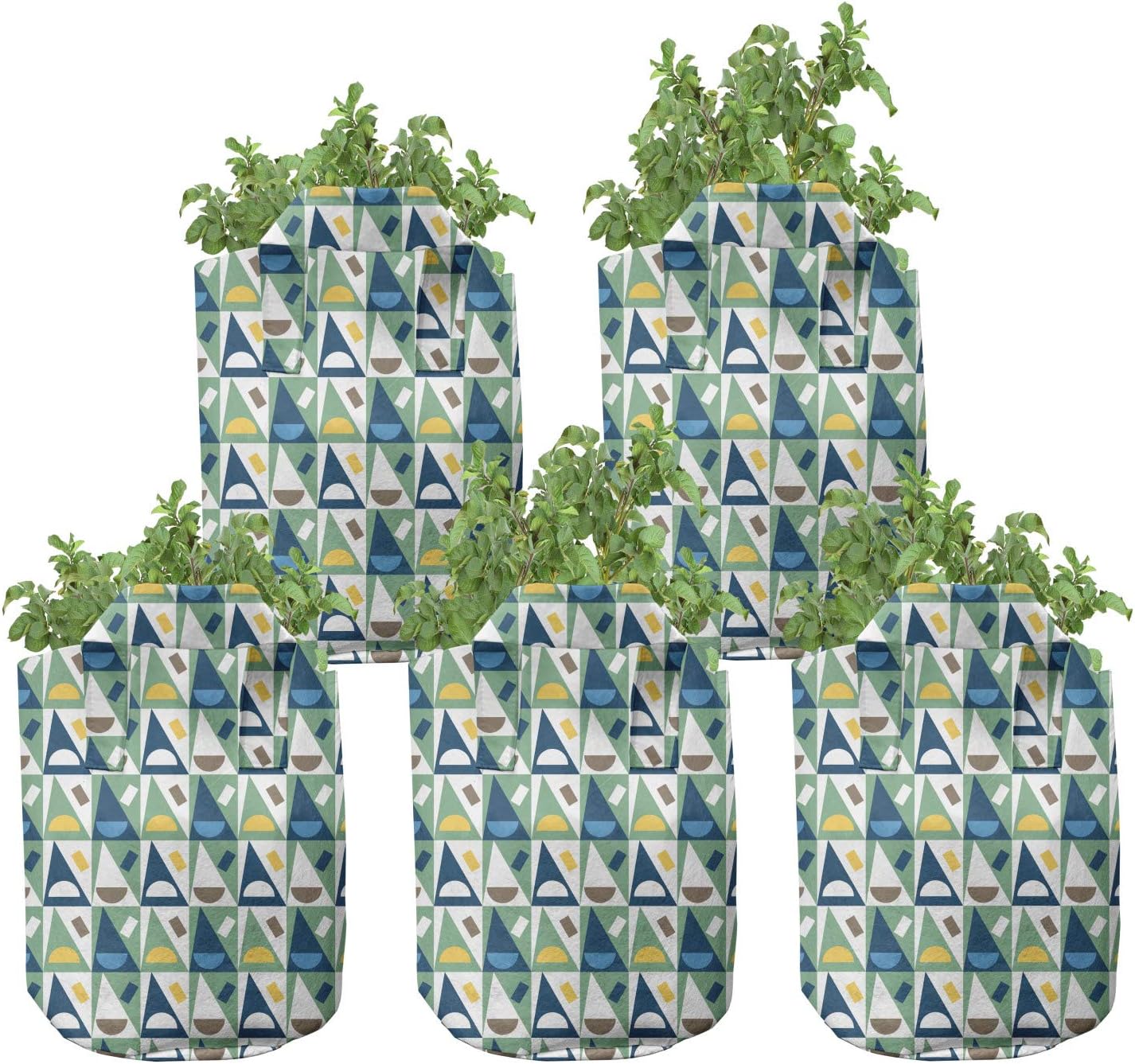 Ambesonne Geometric Grow Bags 5-Pack, Funky Shapes Cartoon Art, Heavyduty Fabric Pots with Handles for Plants, Multicolor
