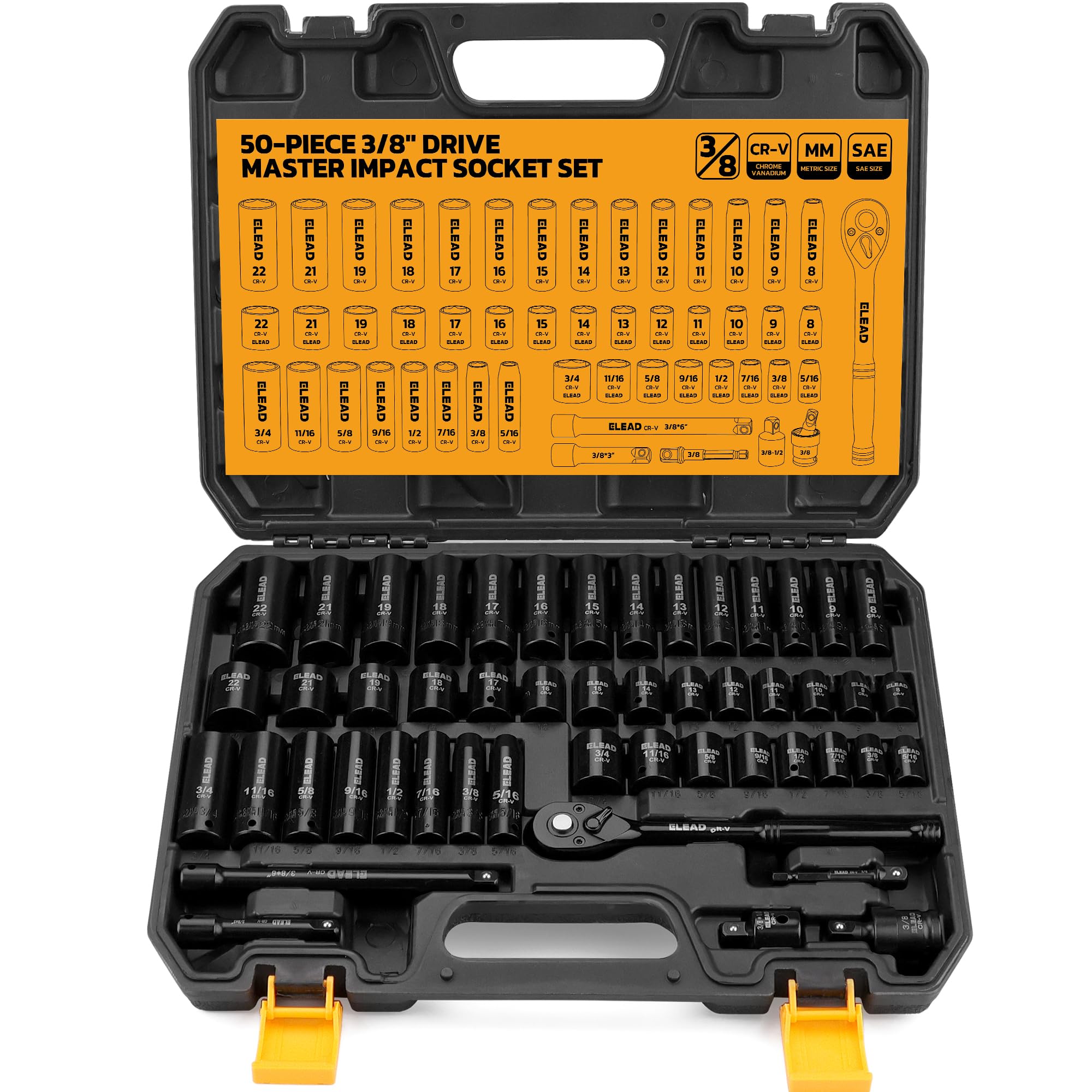 ELEAD 3/8'' Drive Impact Socket Set - 50-Piece Shallow & Deep Socket Set Metric and Standard Full with Universal Joint, Extension Bar, 1/2 to 3/8 Reducer, Hex Shank Socket Adapter, Ratchet Handle