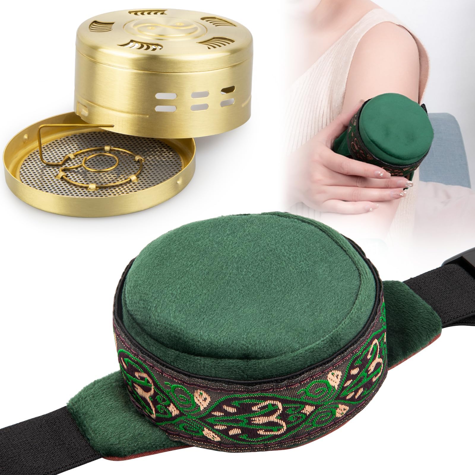 Copper Moxa Box with Bag Set, Copper Tank Moxibustion Treatment Tool, Moxibustion Box for Neck Knee Waist Shoulder Back Remove Dampness, 艾灸盒 艾草 Ai Jiu (1 Couplet)