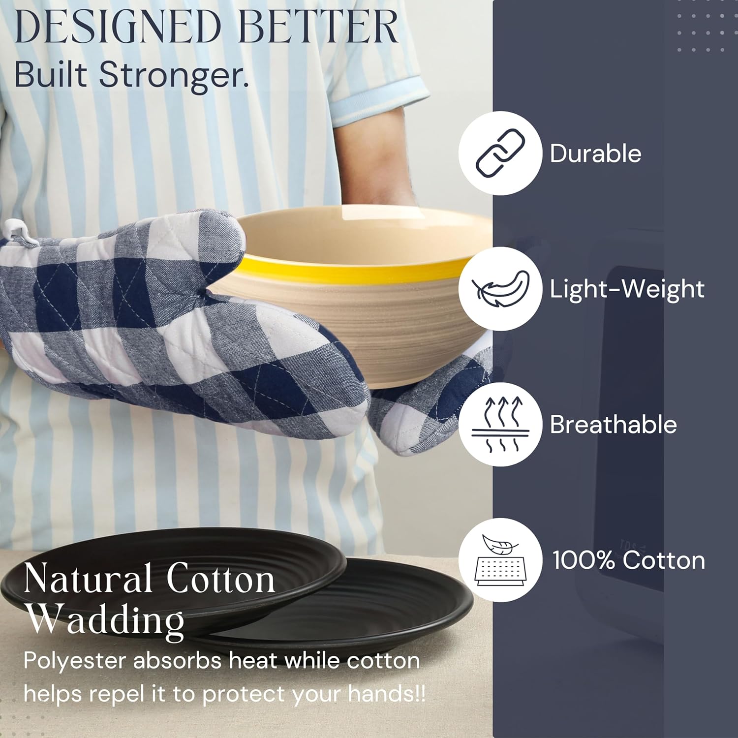 Oven Mitt & Pot Holder Buffalo Plaid Check 100% Cotton Heat Resistant Oven Gloves (7"x13") & Hot Pads (8"x8") Combo for Baking, Cooking - Navy