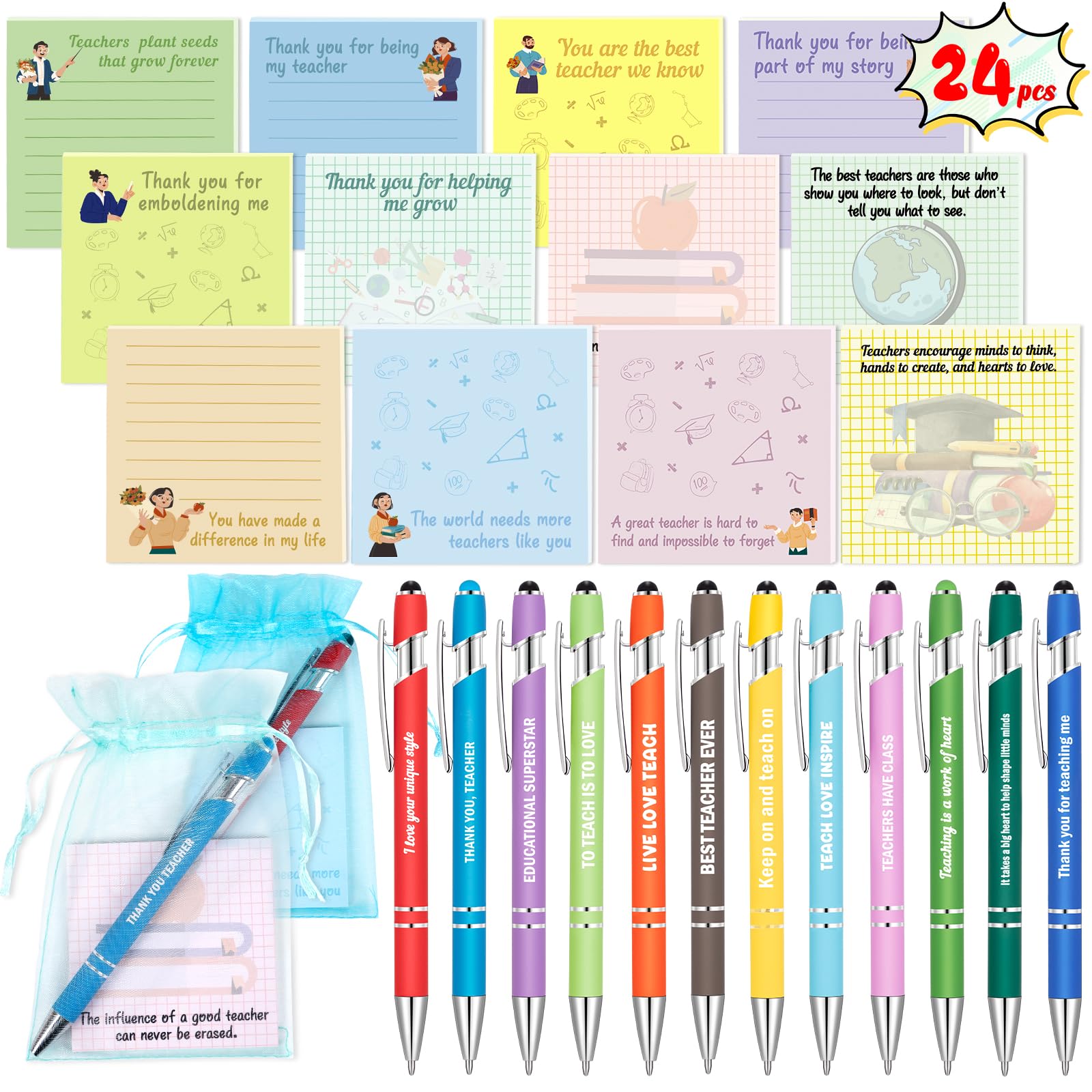 luck sea Teacher Appreciation Gifts in Bulk, Funny Pens with Sayings + Sticky Notes, School Office Supplies Set for Women Men Teachers