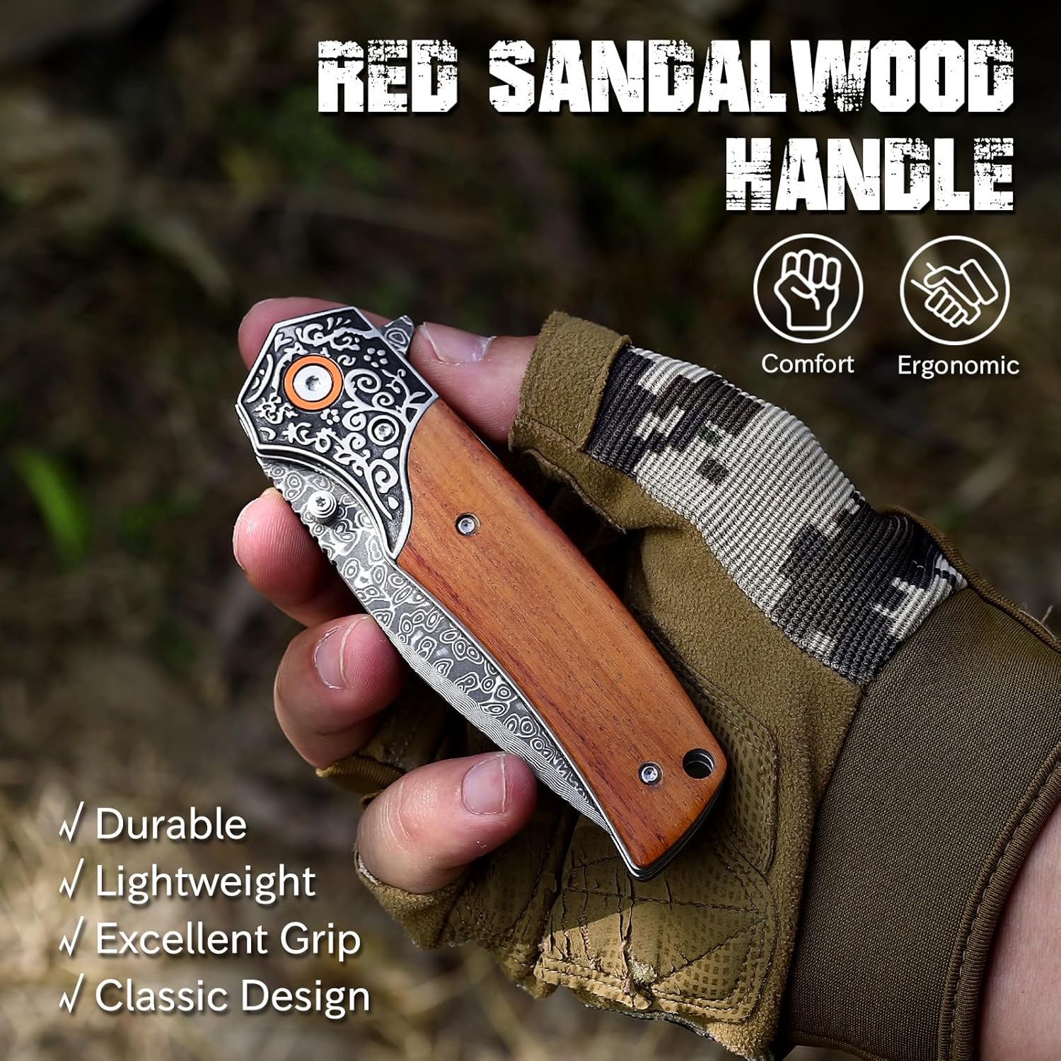 Damascus Folding Pocket Knife, Sharp 3.35" Damascus Steel Blade and Wood Handle, EDC Knifes for Outdoor Camping Hiking Collection