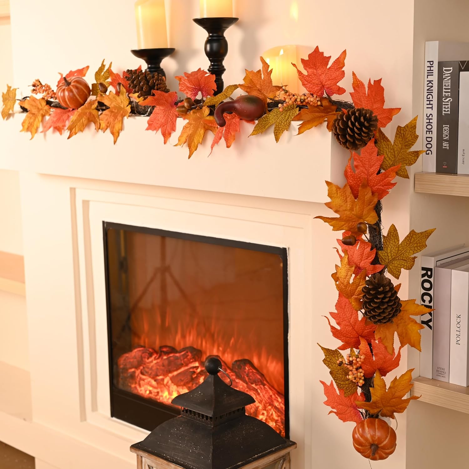Valery Madelyn Fall Maple Leaves Garlands for Mantle, 6ft Halloween Garlands with Pumpkins Lights for Table Centerpiece, Thanksgiving Harvest Decorations for Home Mantle Fireplace Outdoor Decor-Brown