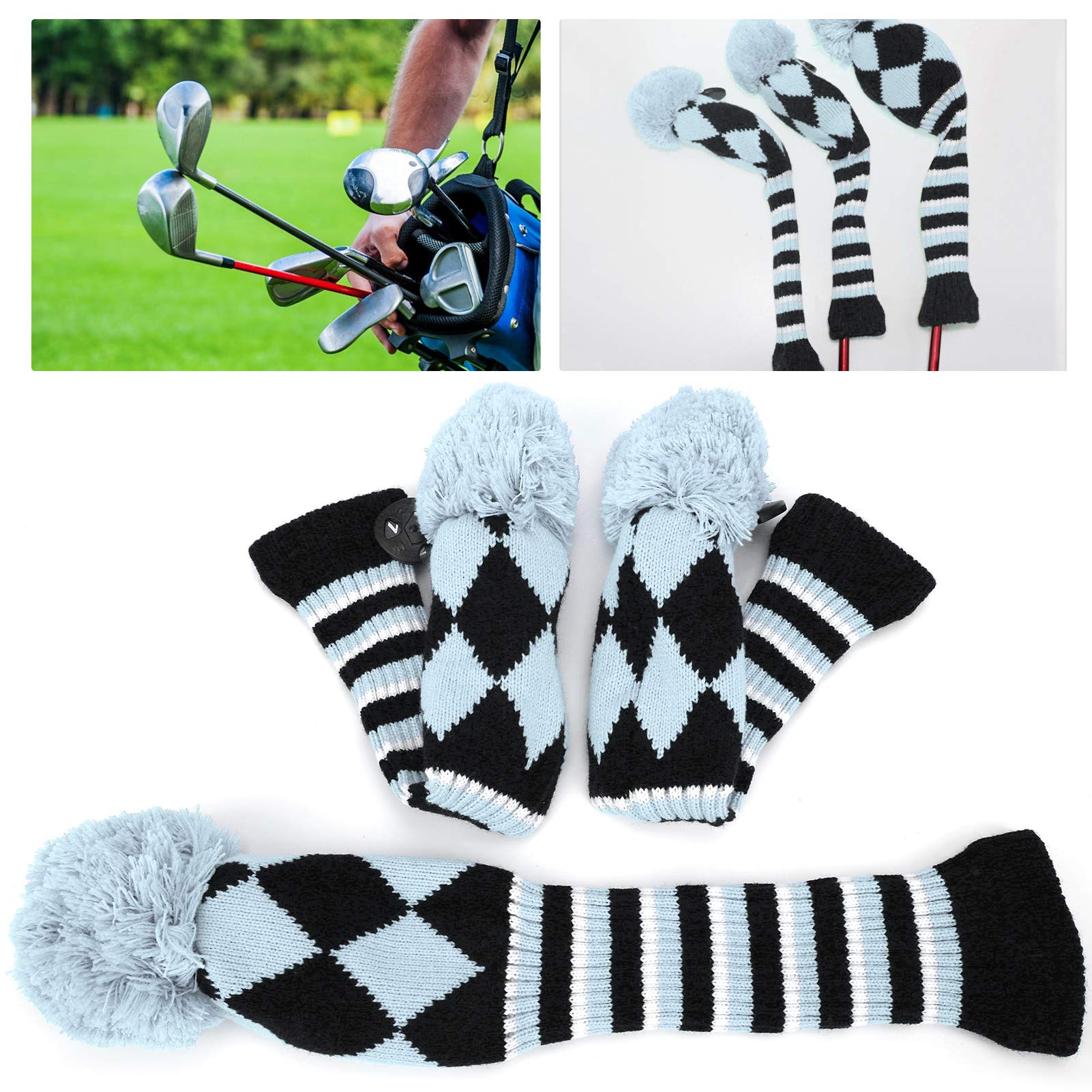 Copricapo da golf, copertura per mazza da golf in maglia per legni Set di 3 Si adatta bene al legno da fairway del driver e ibrido (UT) Il cambiamento perfetto con etichette (Light Blue)