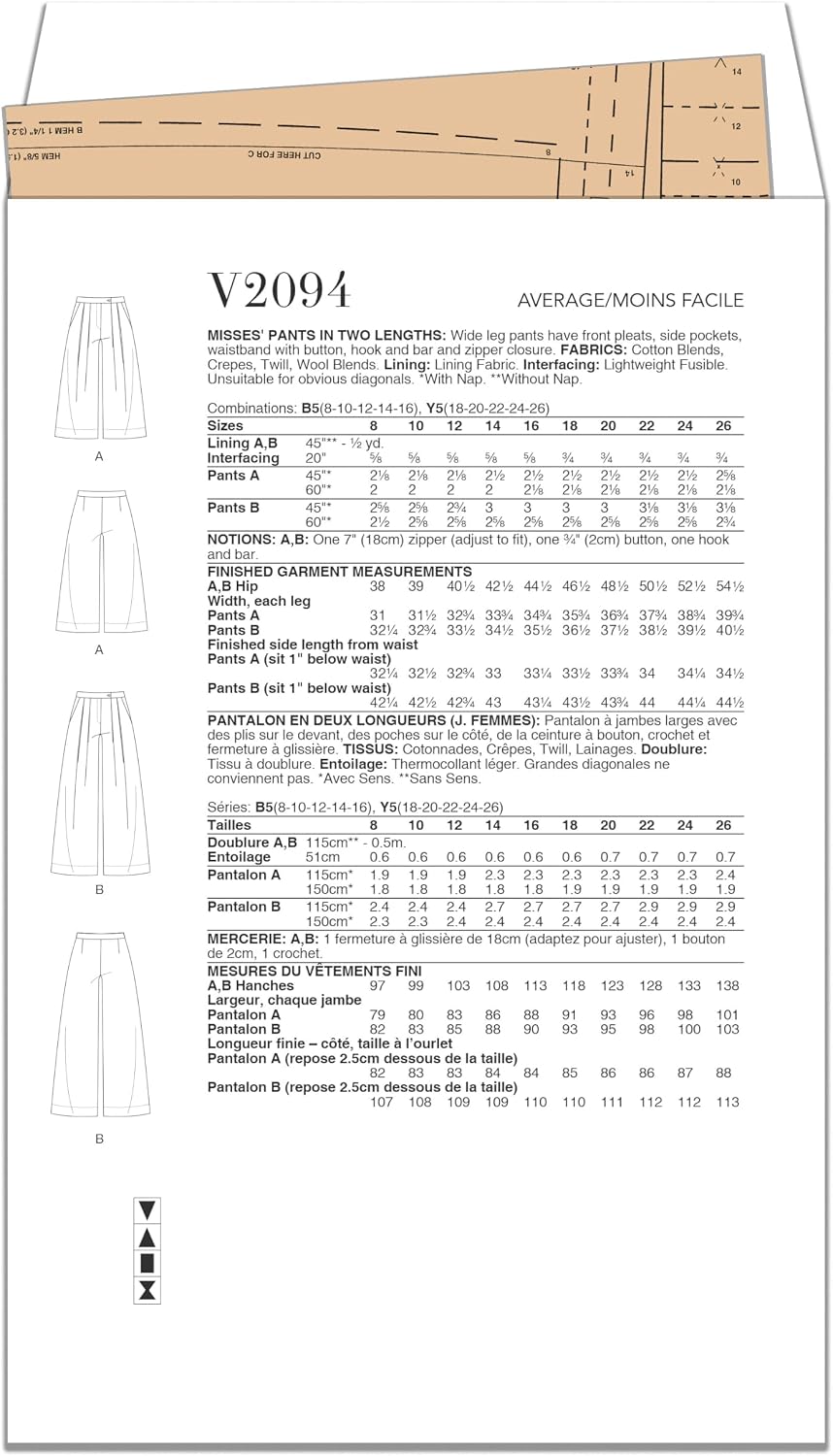 McCall's Misses' Wide Leg Pants Sewing Pattern Packet, Design Code V2094, 18-20-22-24-26, Multicoloured